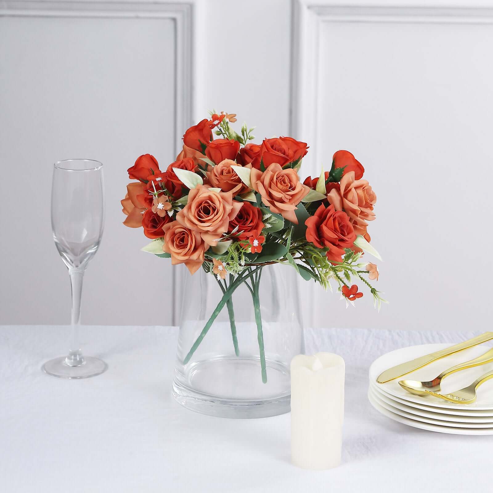 12-Inch Terracotta (Rust) Artificial Silk Rose Flower Bouquet with 4 Bushes for Decor