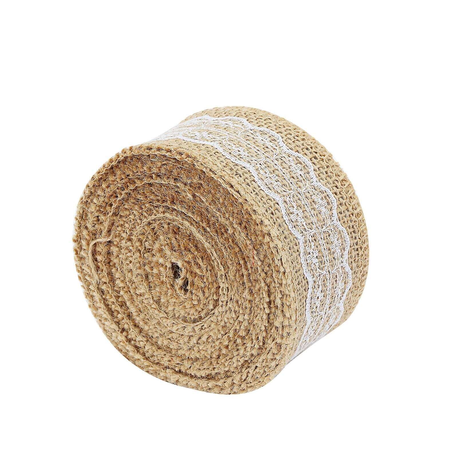 Pair of 16FT Natural Jute Burlap Ribbons with Wavy Lace Trim
