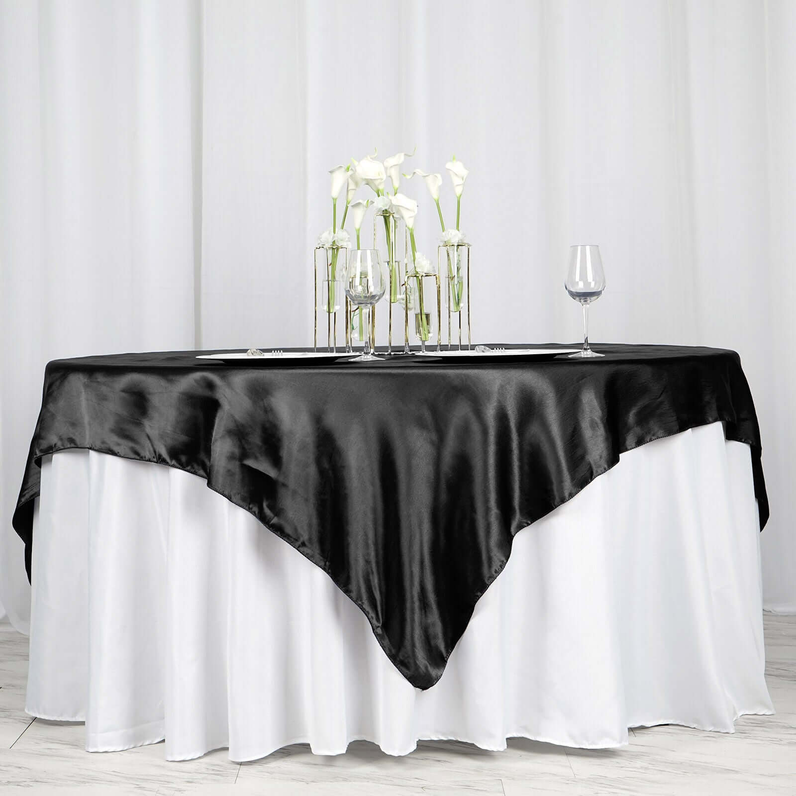 Black Satin 72x72 Square Table Overlay - Ideal for Luxurious Events