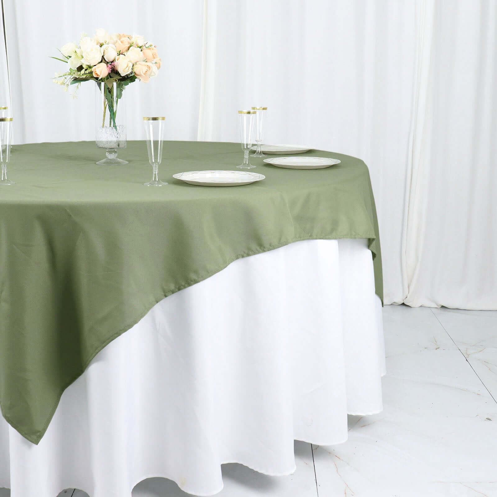 Get This Durable & Wrinkle-Resistant 70x70 Polyester Square Table Overlay in Dusty Sage Green