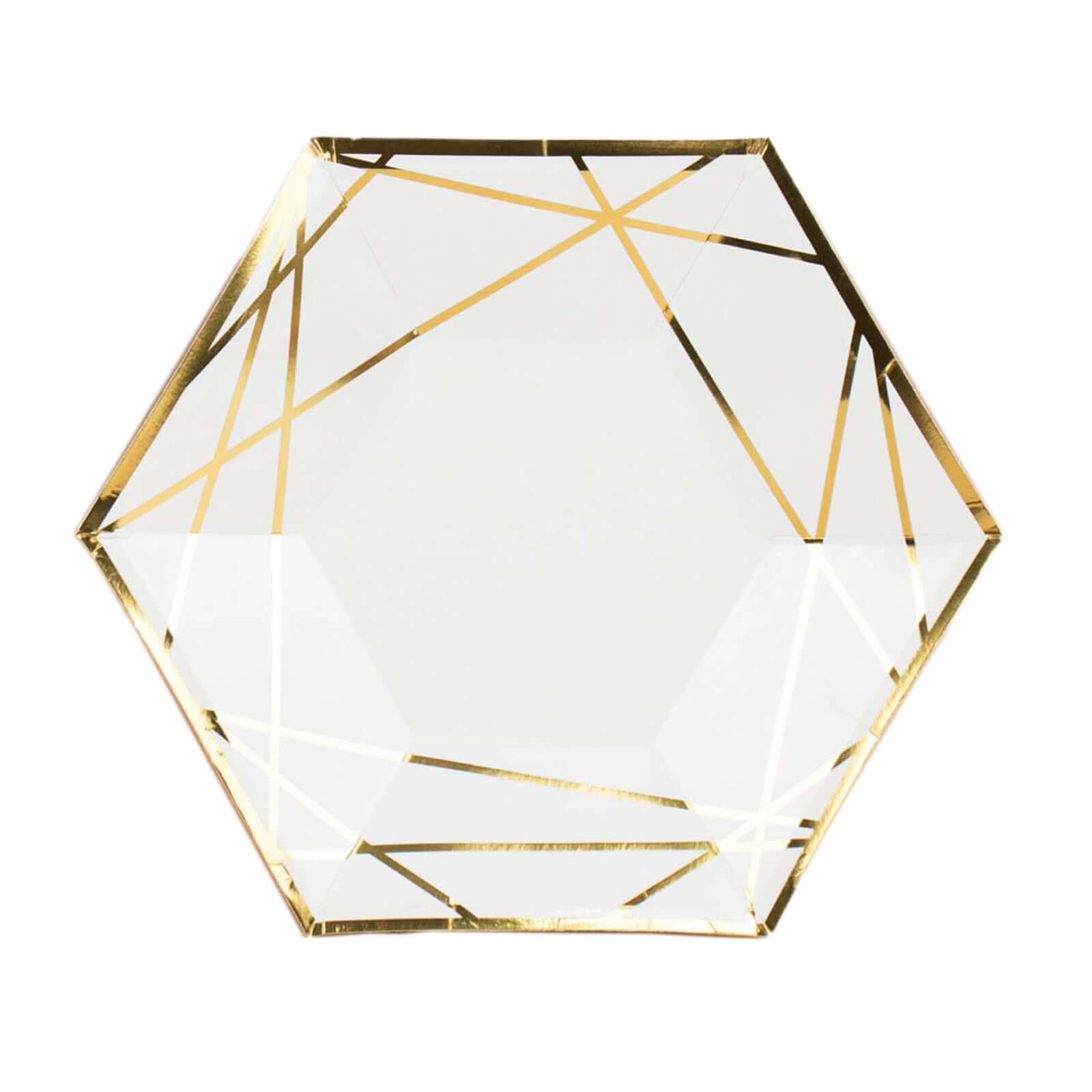 25-Pack White Paper Hexagon Dinner Plates with Gold Geometric Design - Great Value!