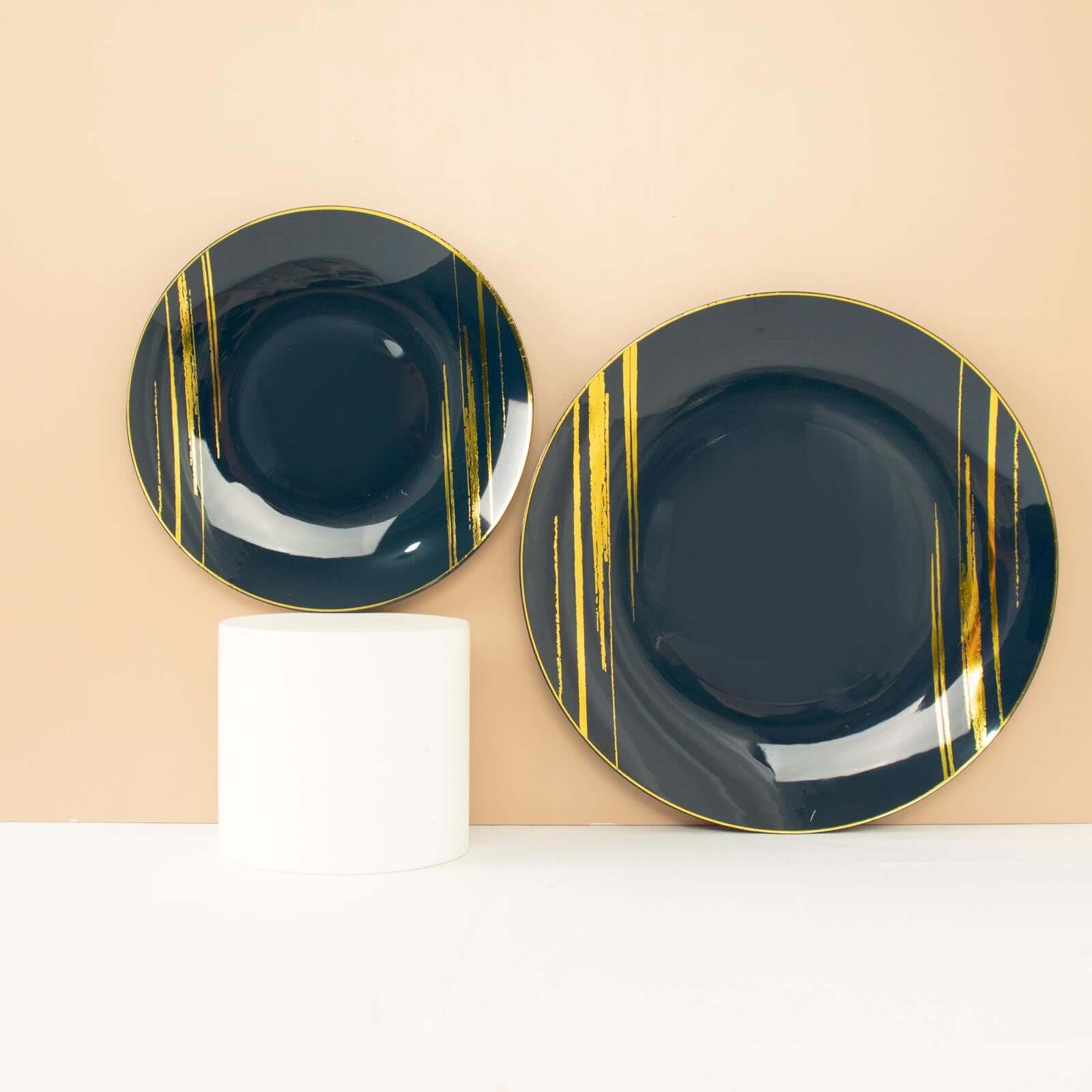 10-Piece Set of Navy Blue Plastic Round Dessert Plates with Gold Brush Print - Disposable Appetizer Salad Plates