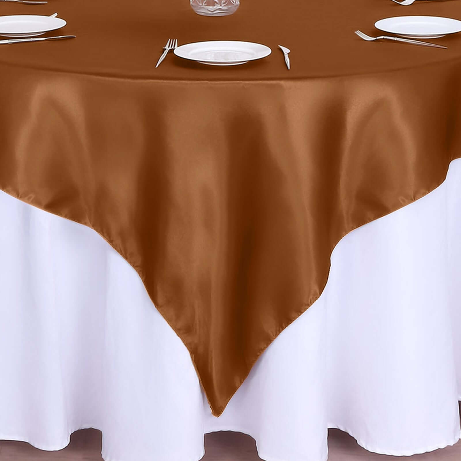Cinnamon Brown Satin 72x72 Square Table Overlay with Smooth Finish