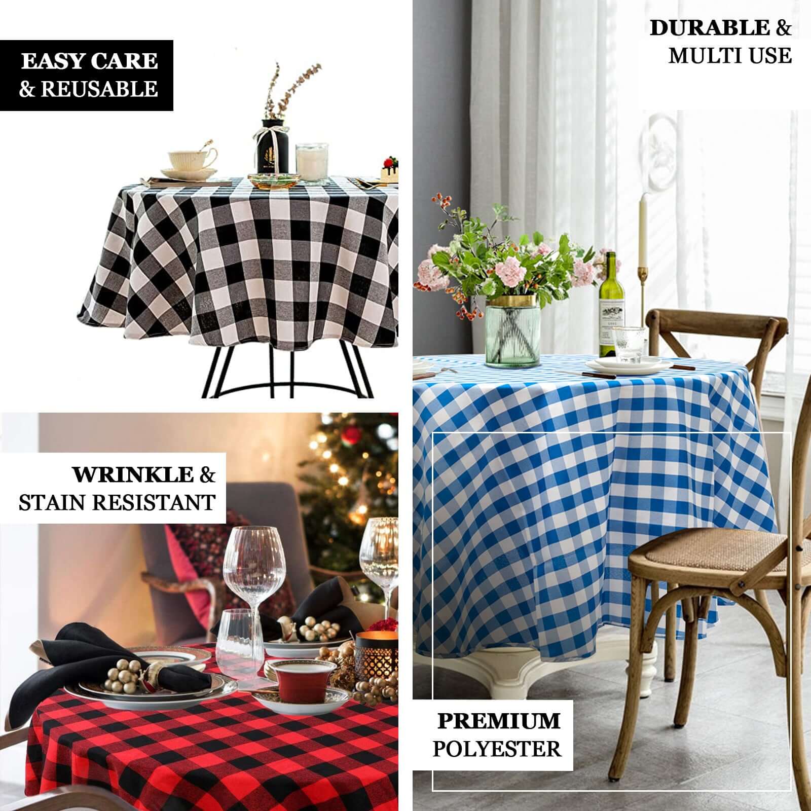 Hot! 108" Polyester Round Checkered Buffalo Plaid White/Black Tablecloth