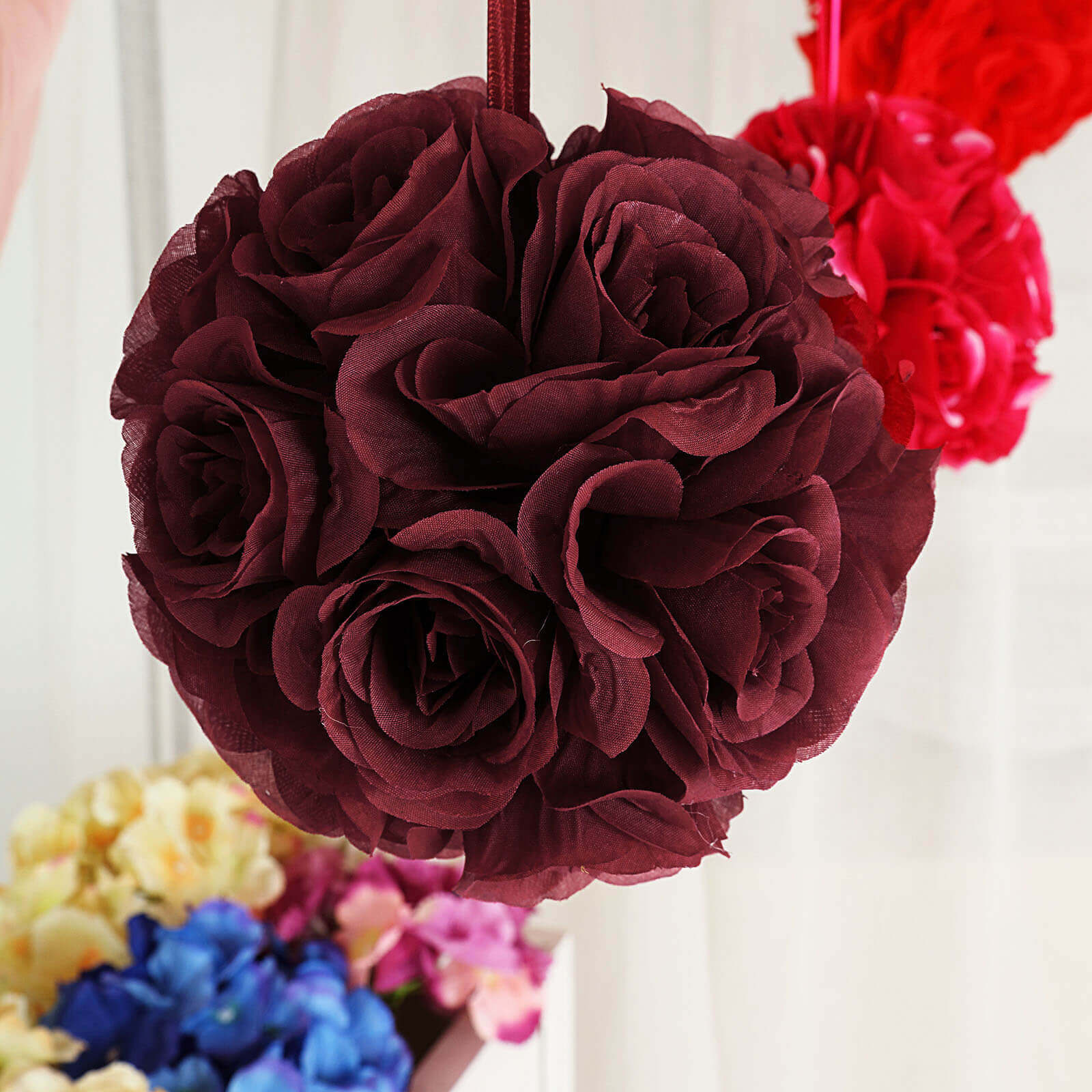 2-Pack 7" Burgundy Artificial Silk Rose Kissing Balls - Ideal for Decor