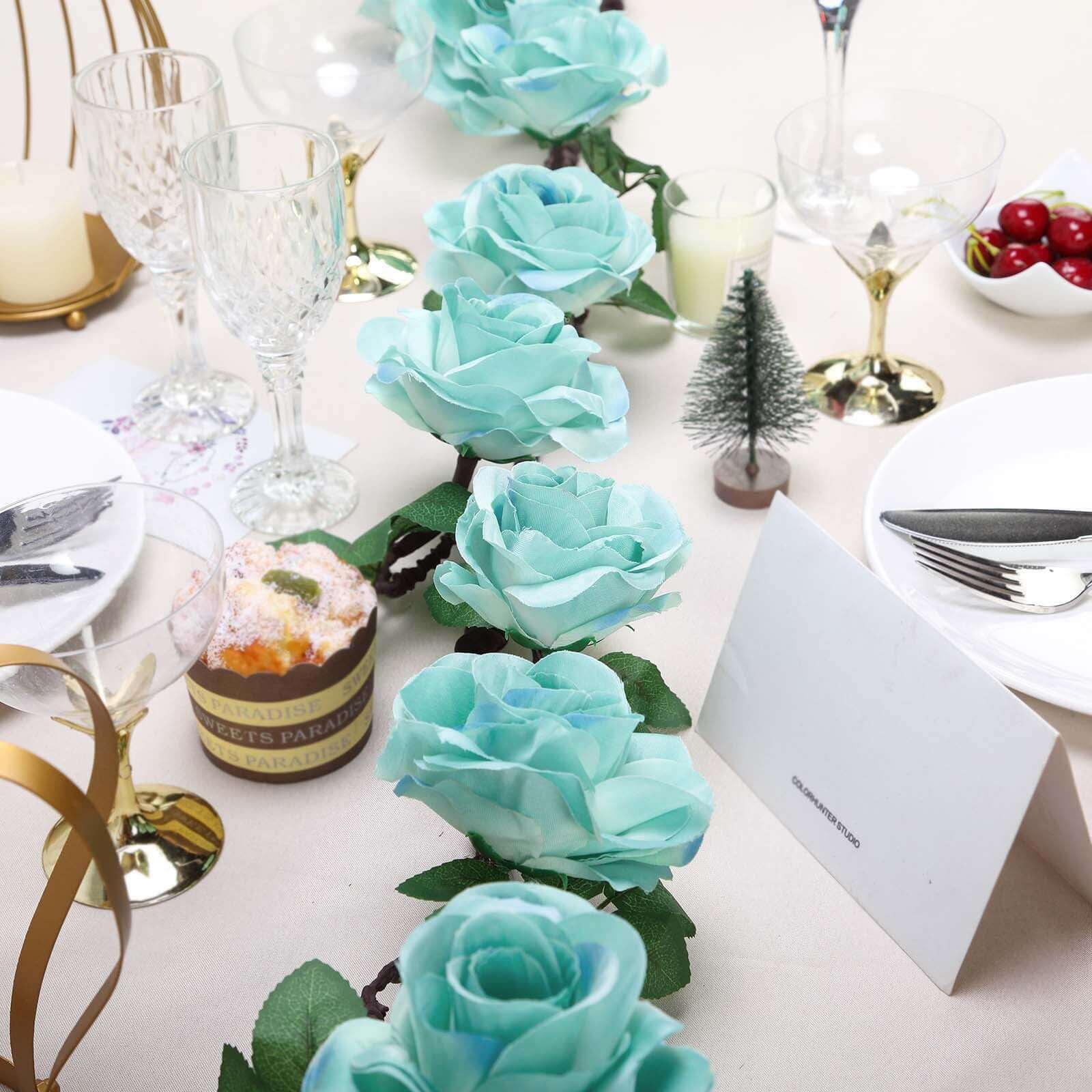 6ft Lifelike Aqua Turquoise Artificial Silk Rose Hanging Garland with 14 Flowers