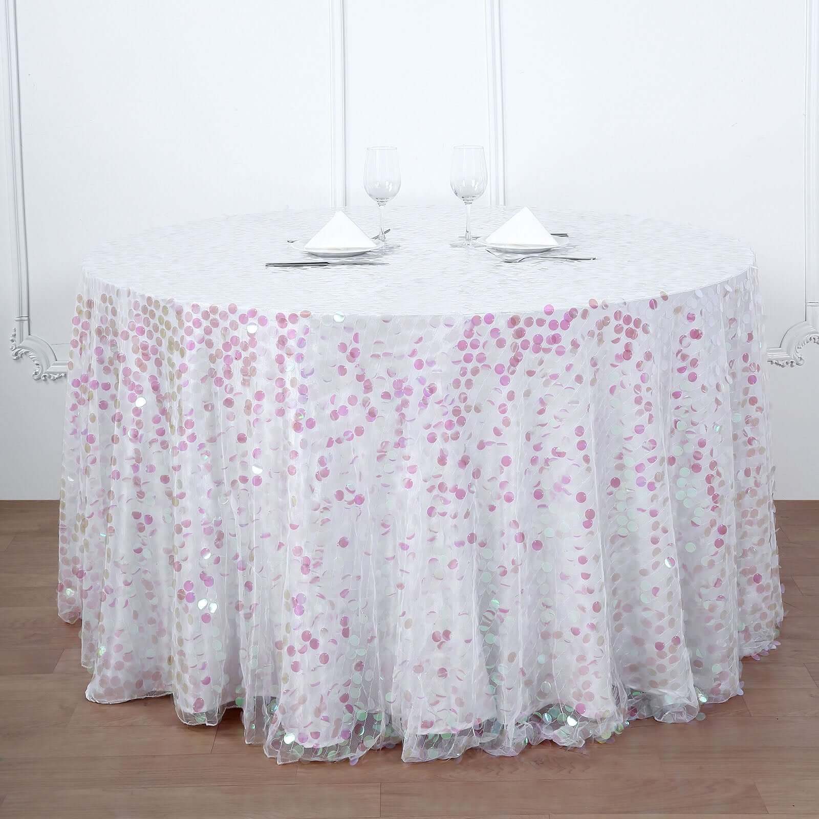 120-Inch Iridescent Seamless Big Payette Sequin Round Tablecloth for 5-Foot Tables