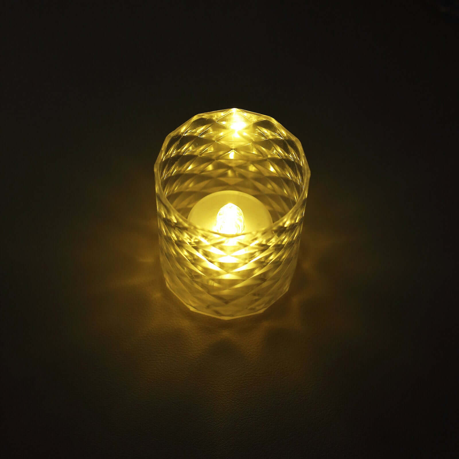 12-Piece Set of Clear LED Tealight Candle Holders in Whiskey Glass Design with Warm White Battery-Operated Lights