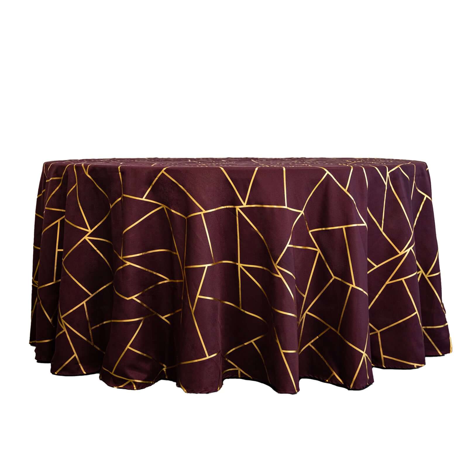 Exclusive 120-Inch Burgundy Polyester Seamless Round Tablecloth with Gold Foil Geometric Design for 5-Foot Tables