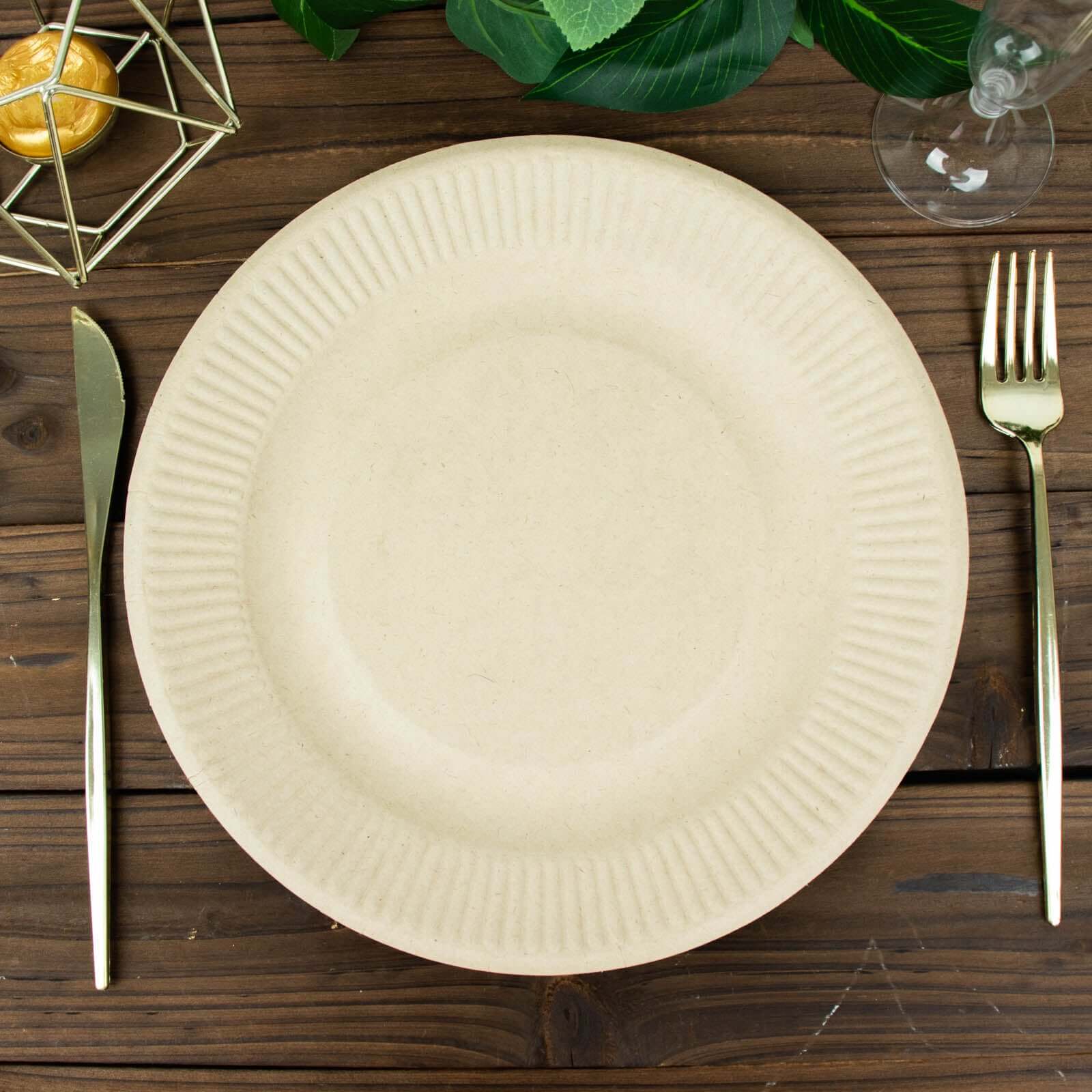 50-Pack Natural Ribbed Rim Round Dinner Plates Made of Bagasse - Eco-Friendly Sugarcane Party Plates