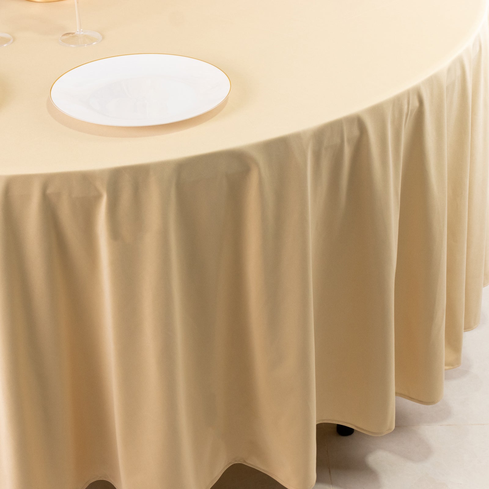 Hot! Premium Beige 108' Scuba Round Wrinkle & Stain-Free Tablecloth