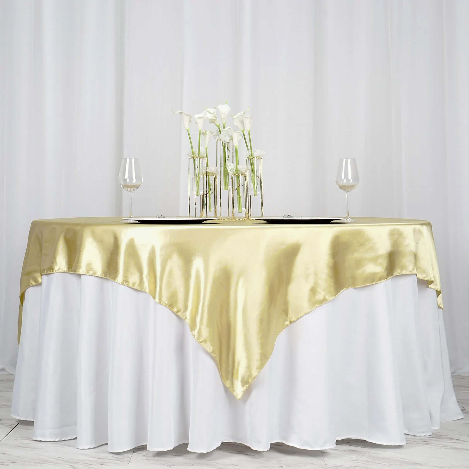 Champagne Satin 72x72 Square Table Overlay - Smooth Finish for Events