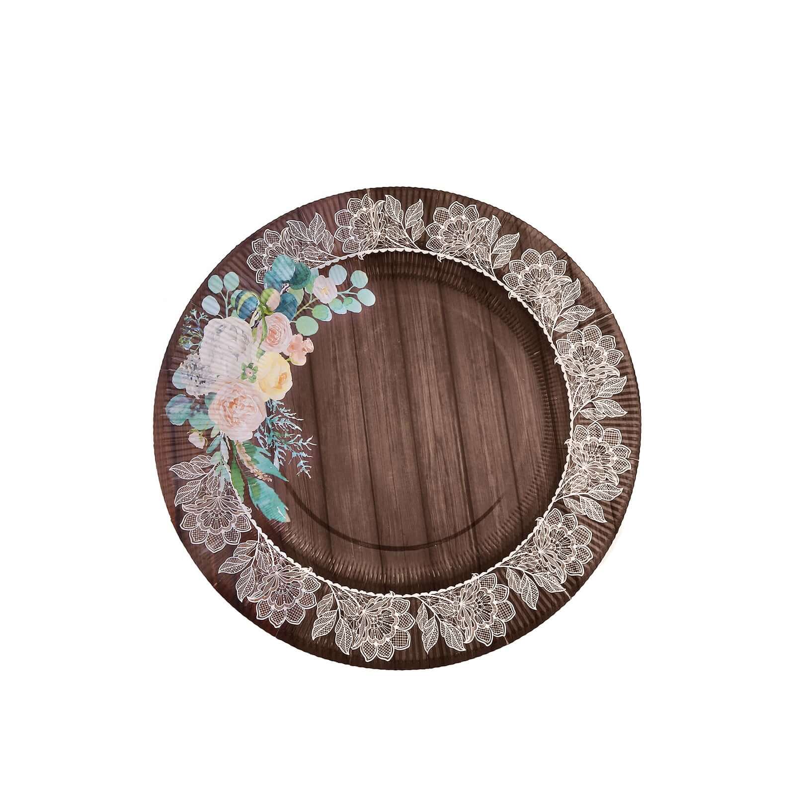 25-Piece Disposable 8-Inch Round Brown Wood Print Dessert Plates with Floral Lace Rim for Rustic Events