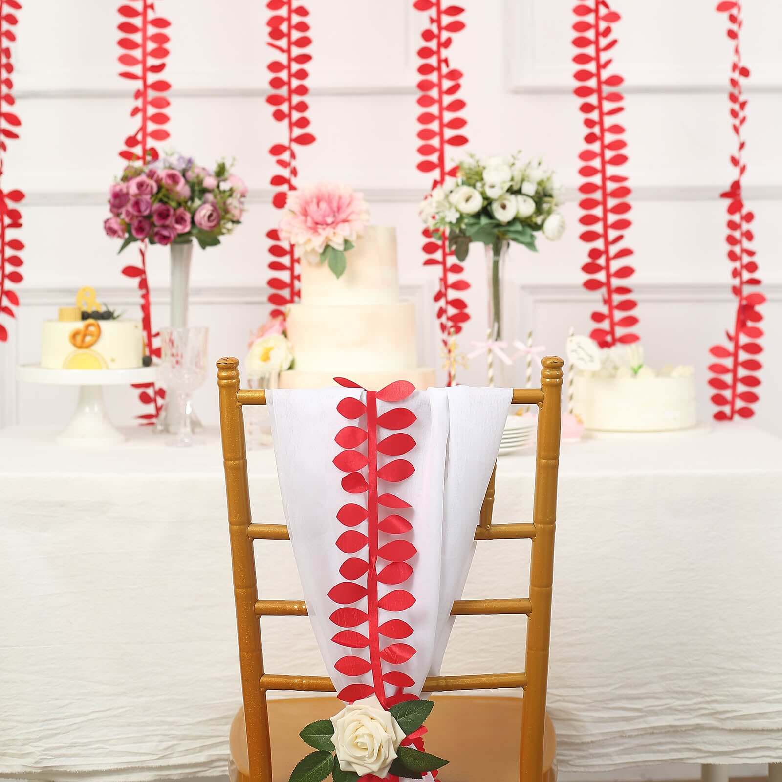 Red 50ft Taffeta Ribbon Sash with Elegant 4 - Leaf Petal Design, Ideal for Decor