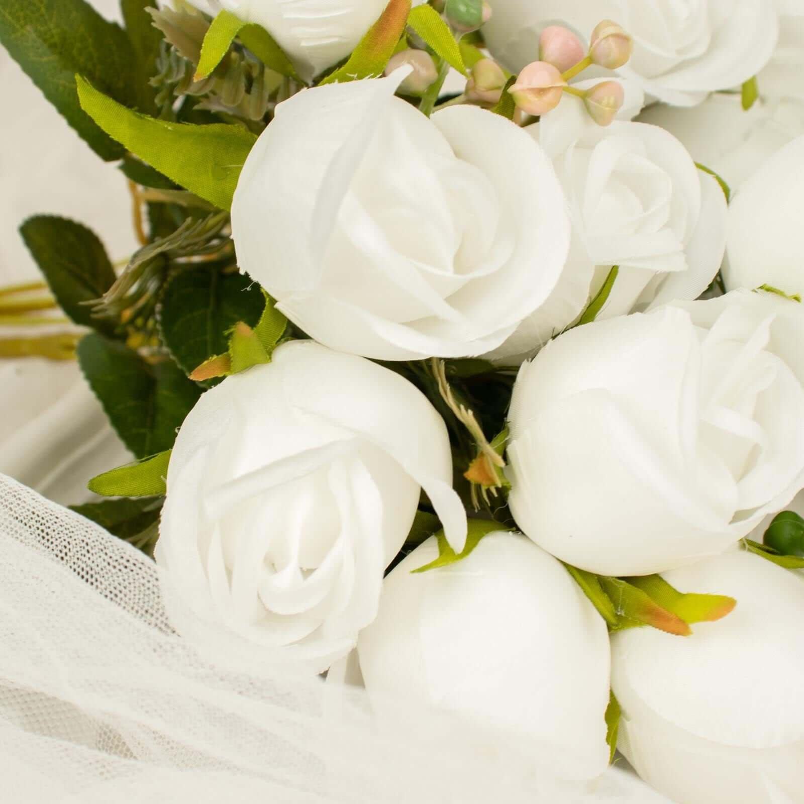 Hot Deal! 3-Pack 13" White Real-Touch Silk Rose Bud Bridal Bouquets for Decor