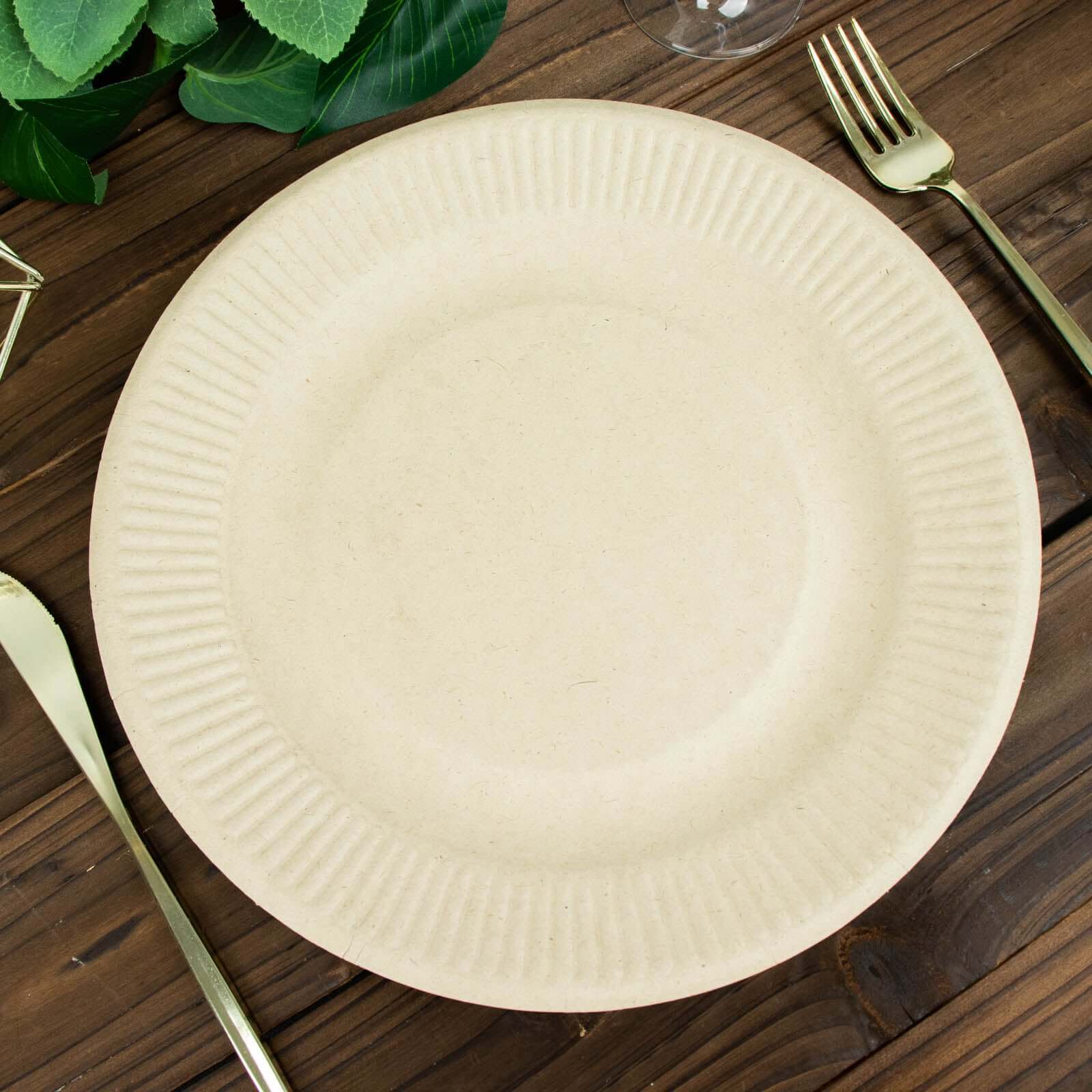 50-Pack Natural Ribbed Rim Round Dinner Plates Made of Bagasse - Eco-Friendly Sugarcane Party Plates