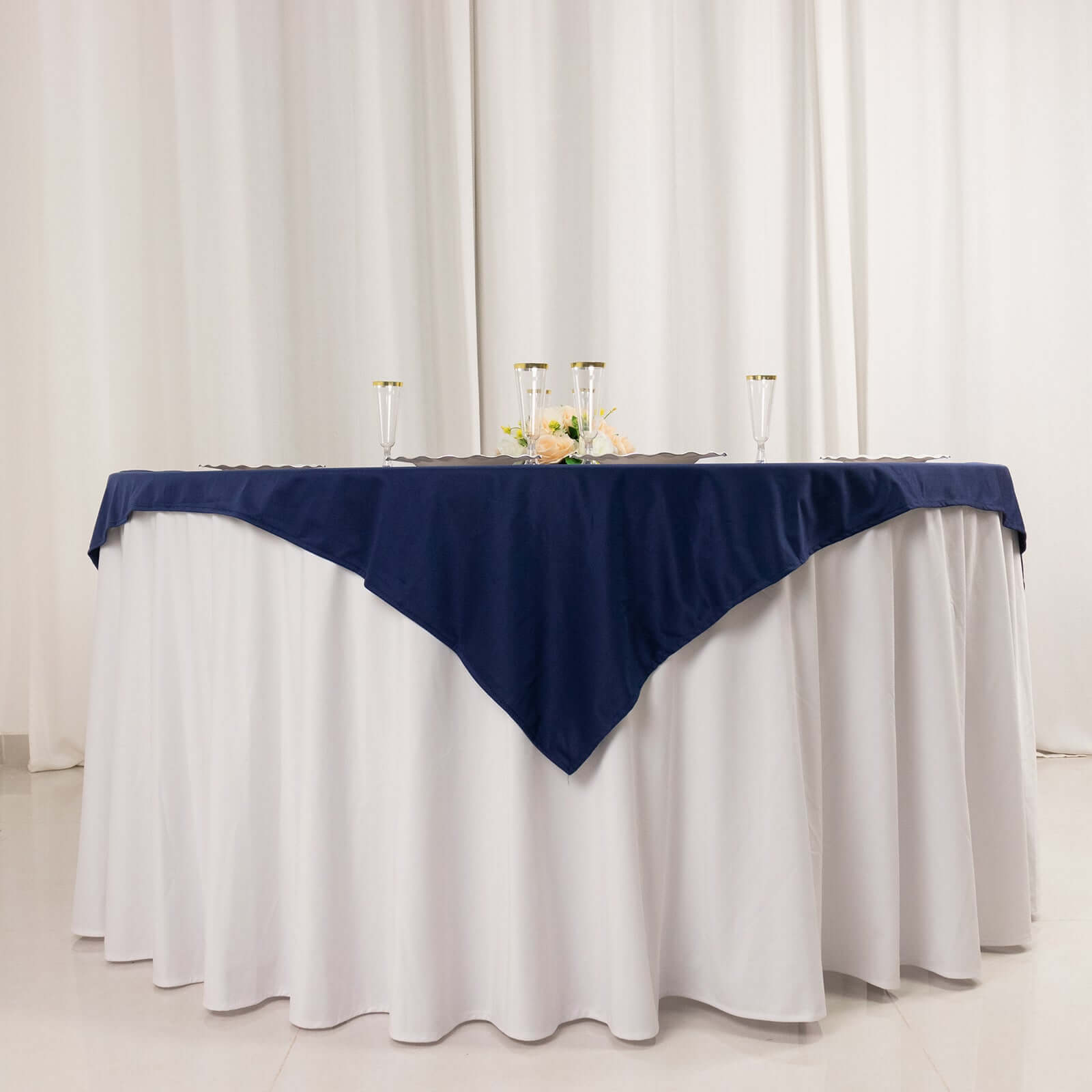 Exclusive Navy Blue Scuba Polyester 54x54 Square Table Overlay - Wrinkle & Stain Free