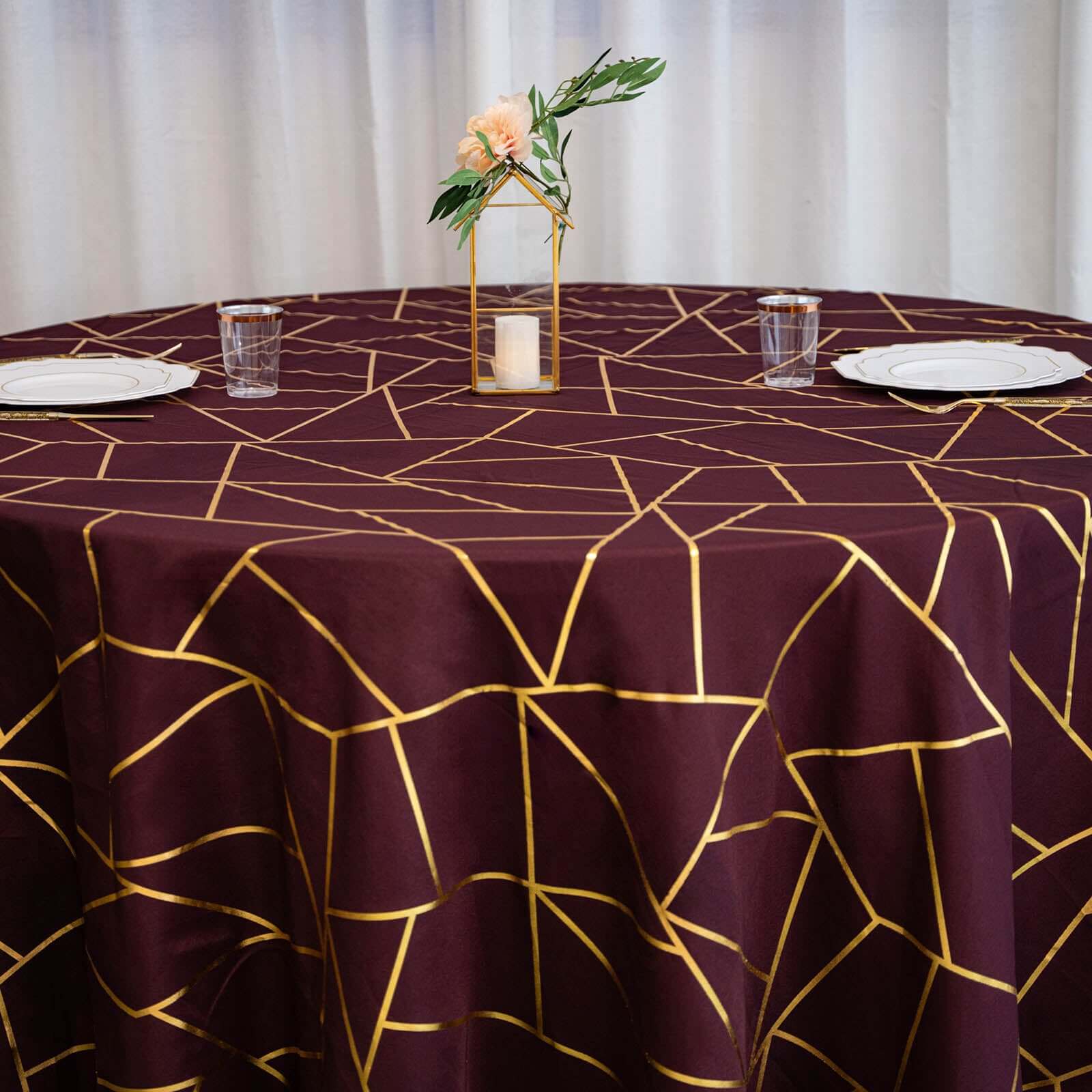 Exclusive 120-Inch Burgundy Polyester Seamless Round Tablecloth with Gold Foil Geometric Design for 5-Foot Tables