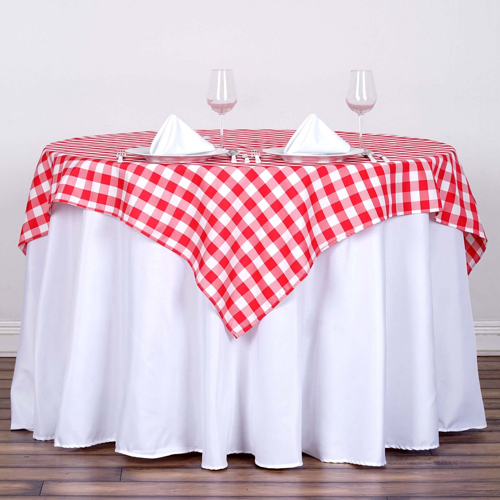 Hot Sale! Polyester 54x54 Square Table Overlay with White/Red Checkered Buffalo Plaid for Casual Tables