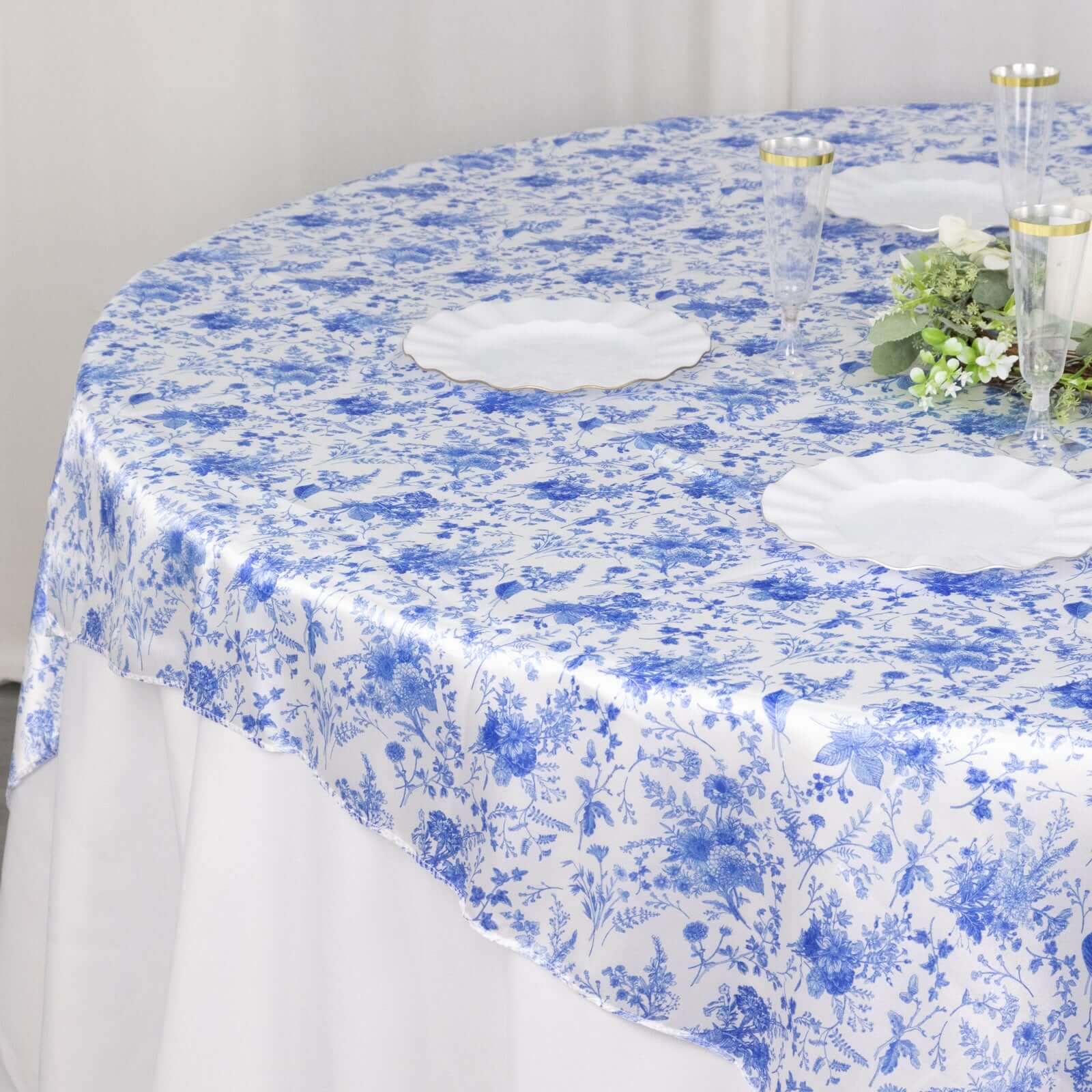 White and Blue Satin 72x72 Square Table Overlay with French Toile Floral for Elegant Celebrations