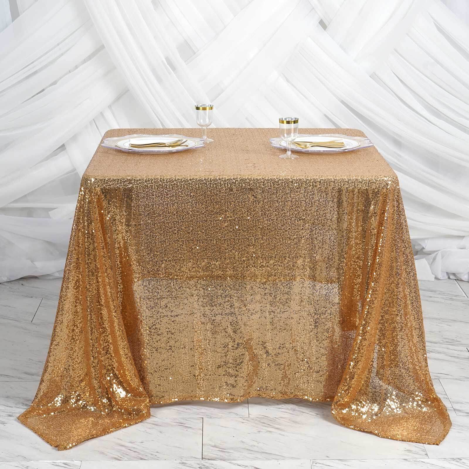 Sparkly Gold Sequin 90x90 Square Table Overlay for Stylish Celebrations