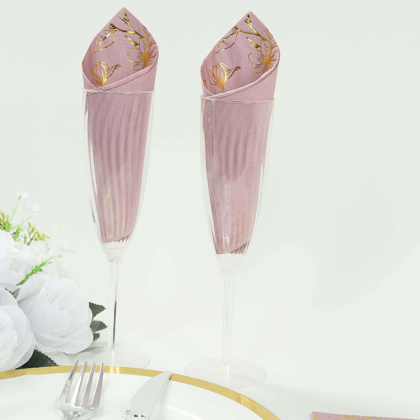 50-Pack Disposable 2-Ply Soft Paper Dinner Napkins in Dusty Rose with Gold Magnolia Prints for Parties