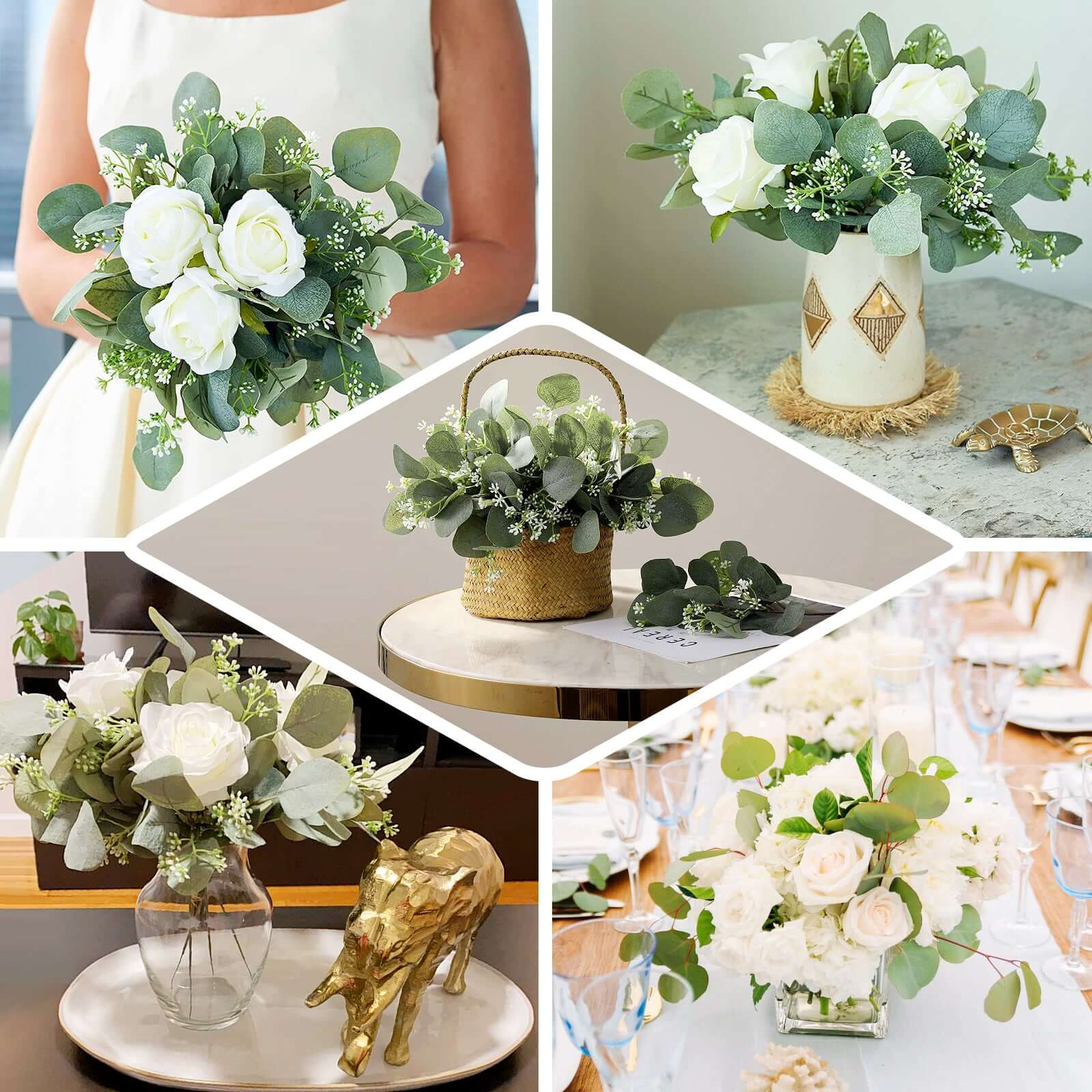 15-Piece Ivory Artificial Silk Rose and Eucalyptus Bouquet for Decor