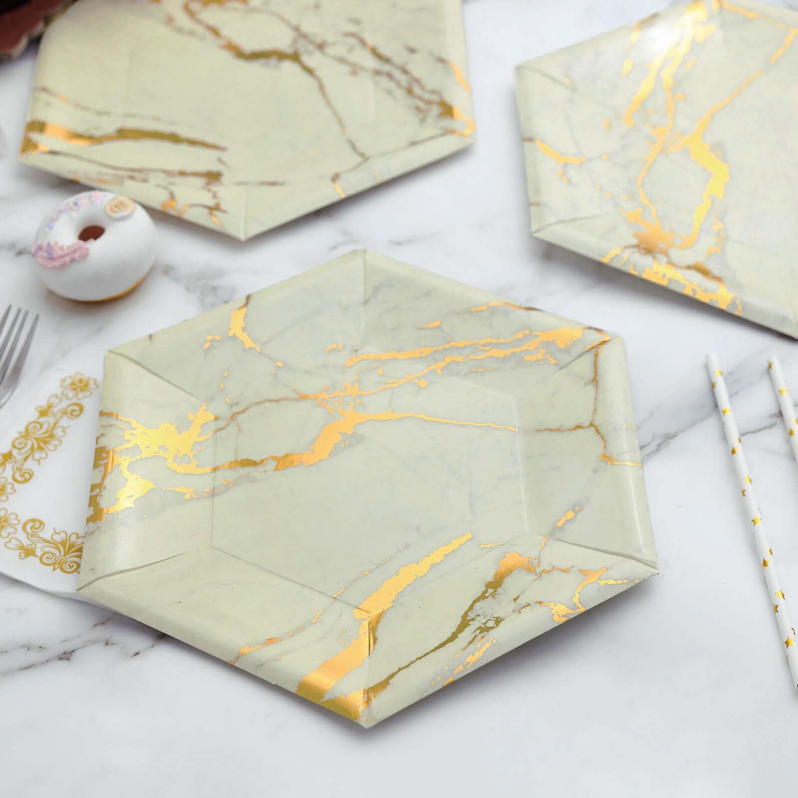 25-Pack Ivory Marble Disposable Dinner Paper Plates, 12-Inch Hexagon with Gold Foil Design - Great Value!