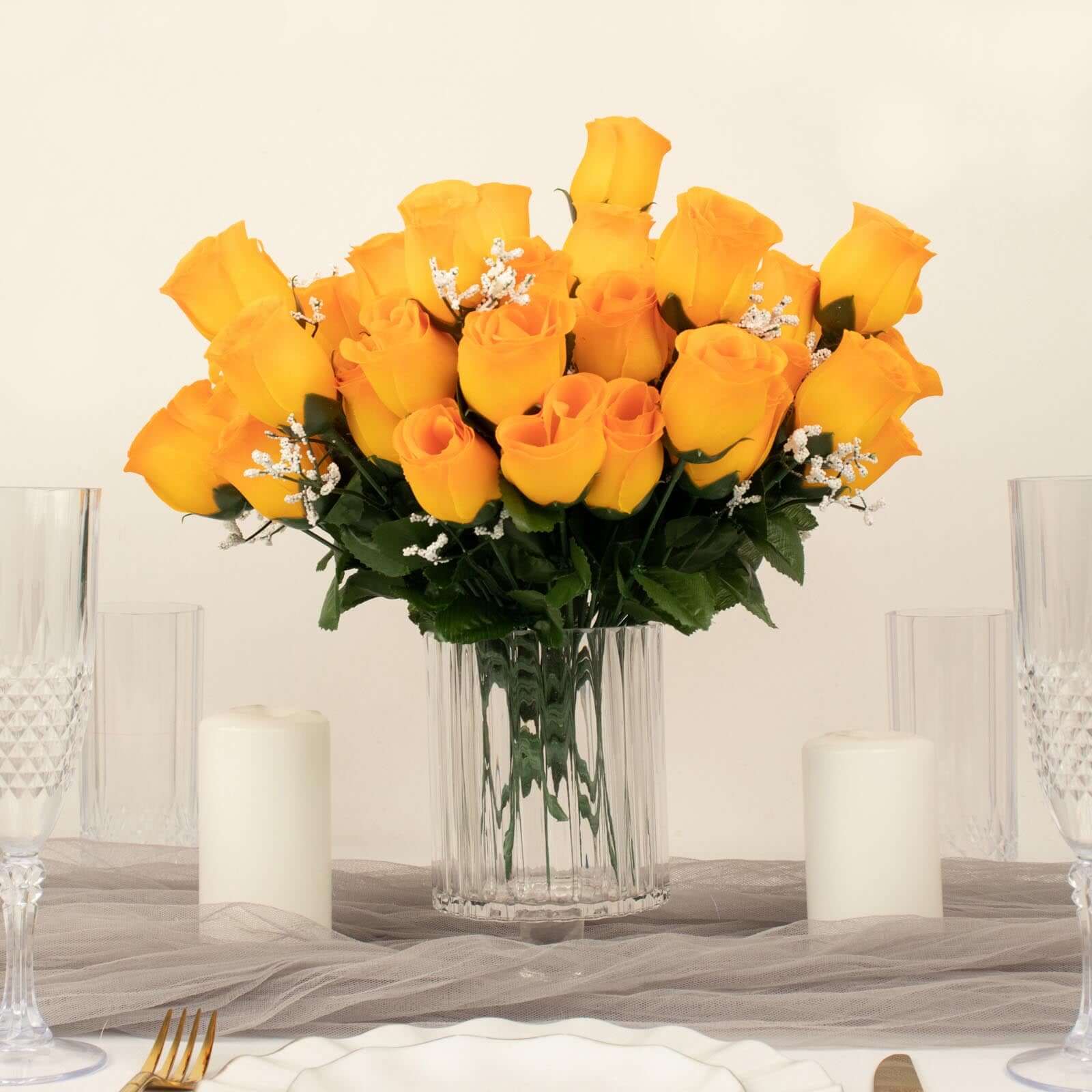 12 Bushes of Premium Orange Artificial Silk Rose Bud Bouquets