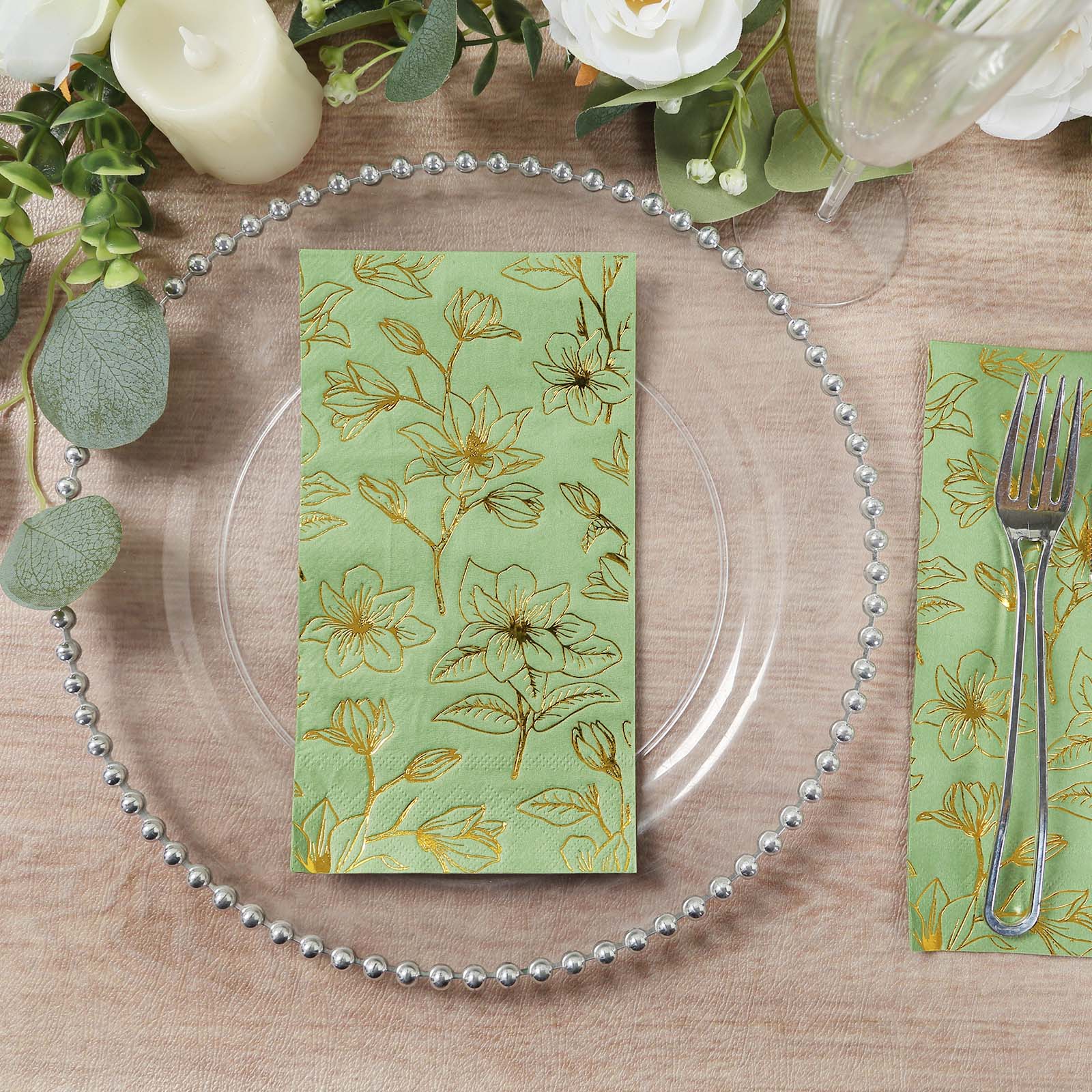 50-Pack Disposable 2-Ply Paper Dinner Napkins: Sage Green with Gold Magnolia Prints - Ideal for Parties