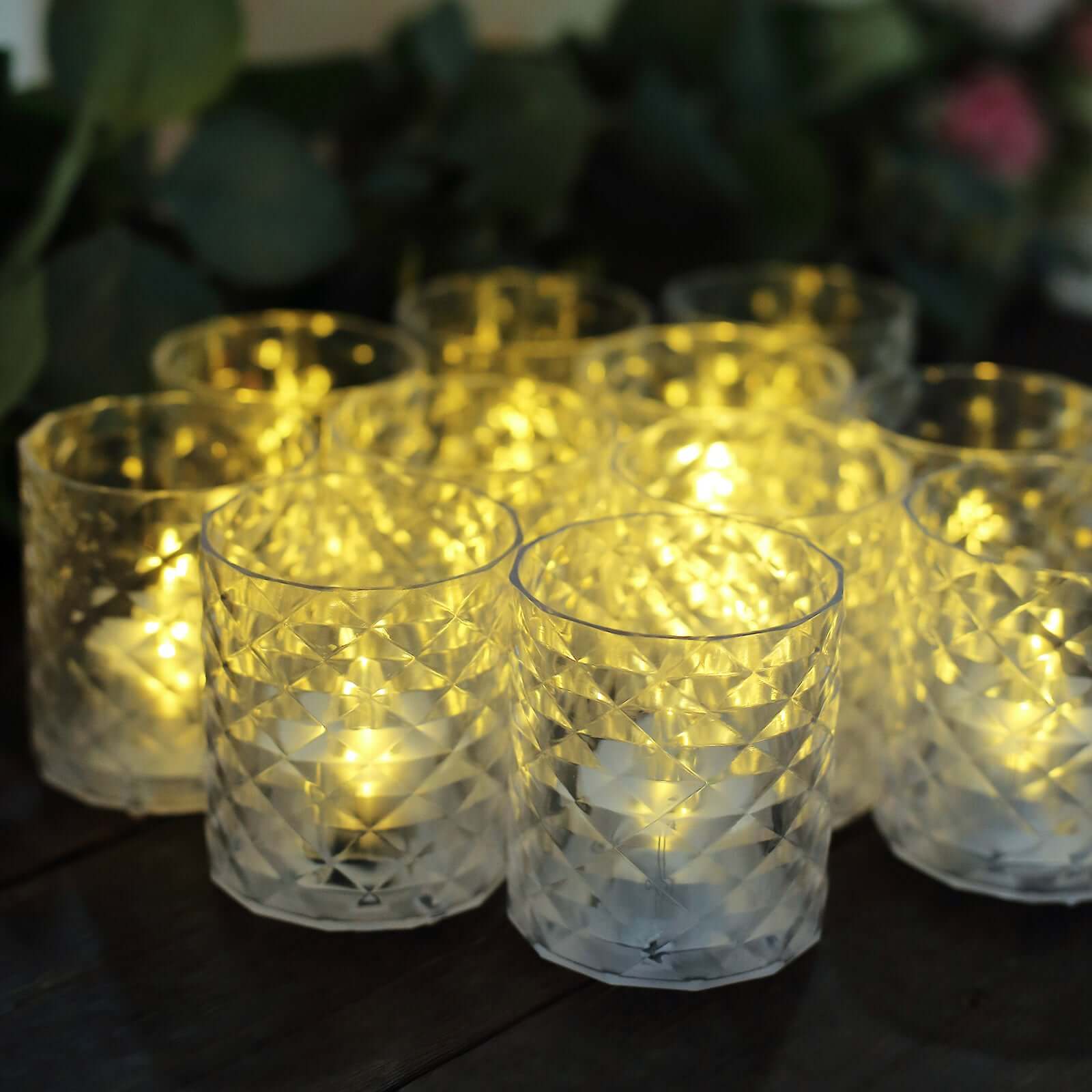 12-Piece Set of Clear LED Tealight Candle Holders in Whiskey Glass Design with Warm White Battery-Operated Lights