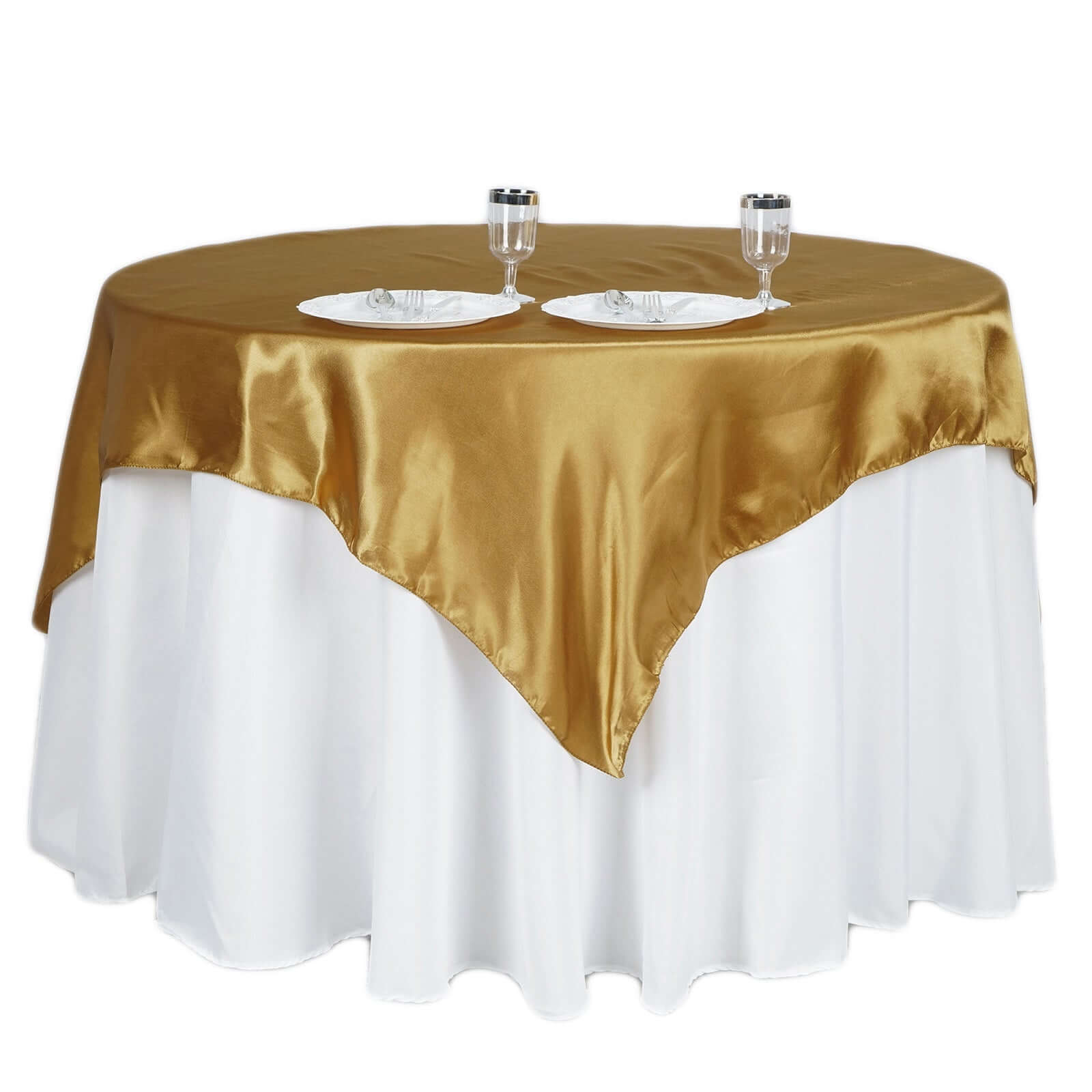 60x60 Gold Satin Square Table Overlay - Smooth Silky Table Cover for Elegant Events