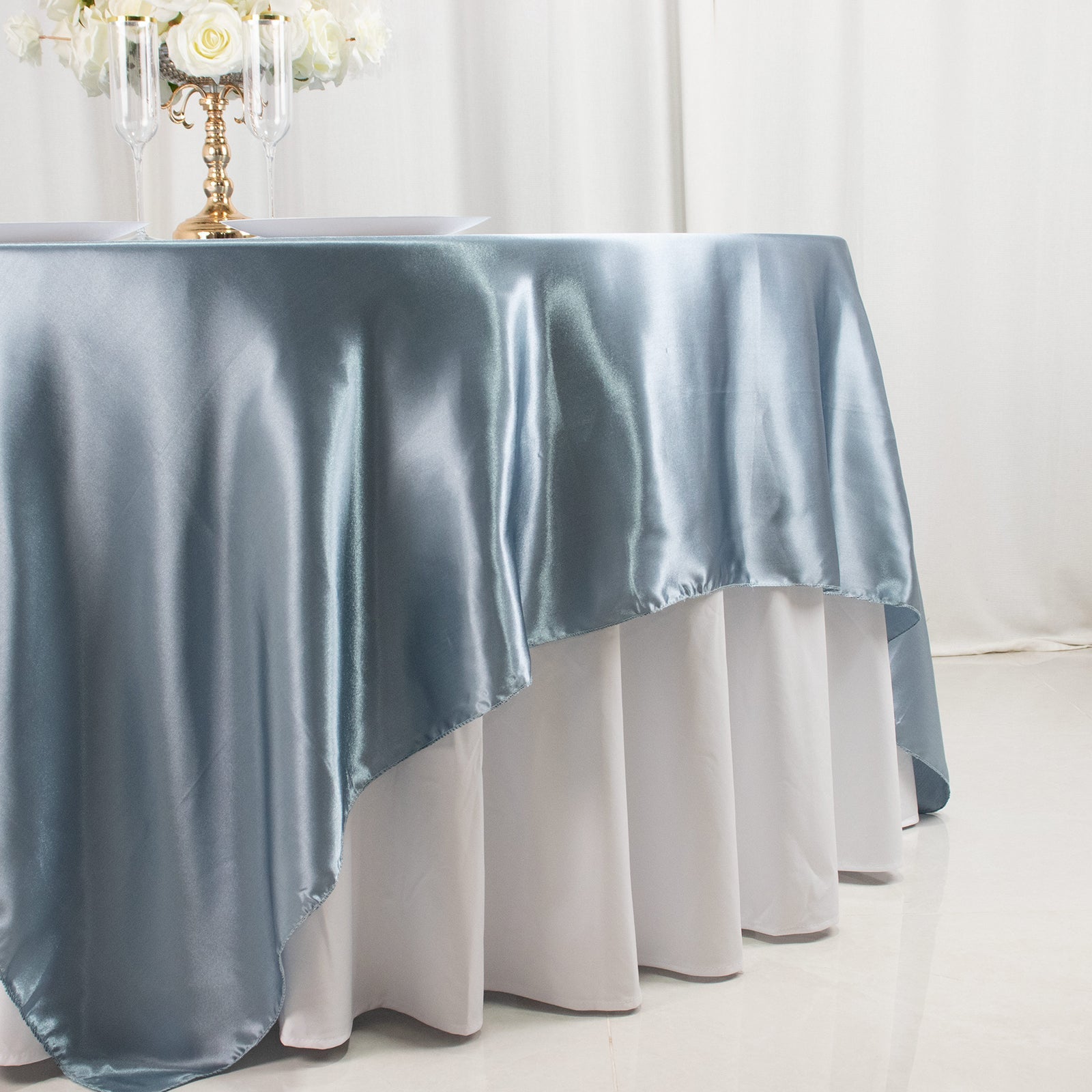 Dusty Blue Satin 90x90 Square Table Overlay with Smooth Finish