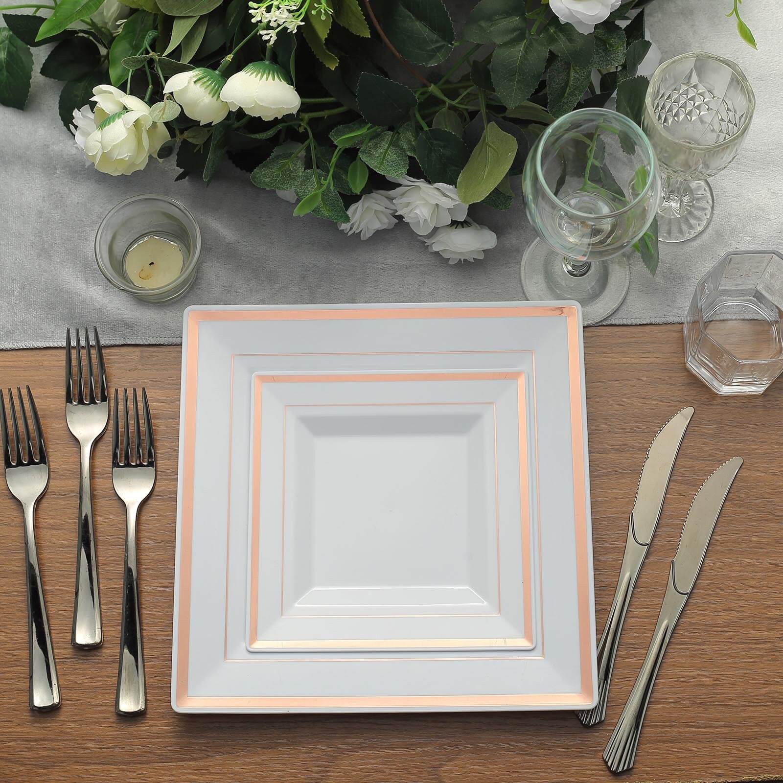 Hot Deal! 10-Pack White Square Plastic Dinner Plates with Rose Gold Trim for Events