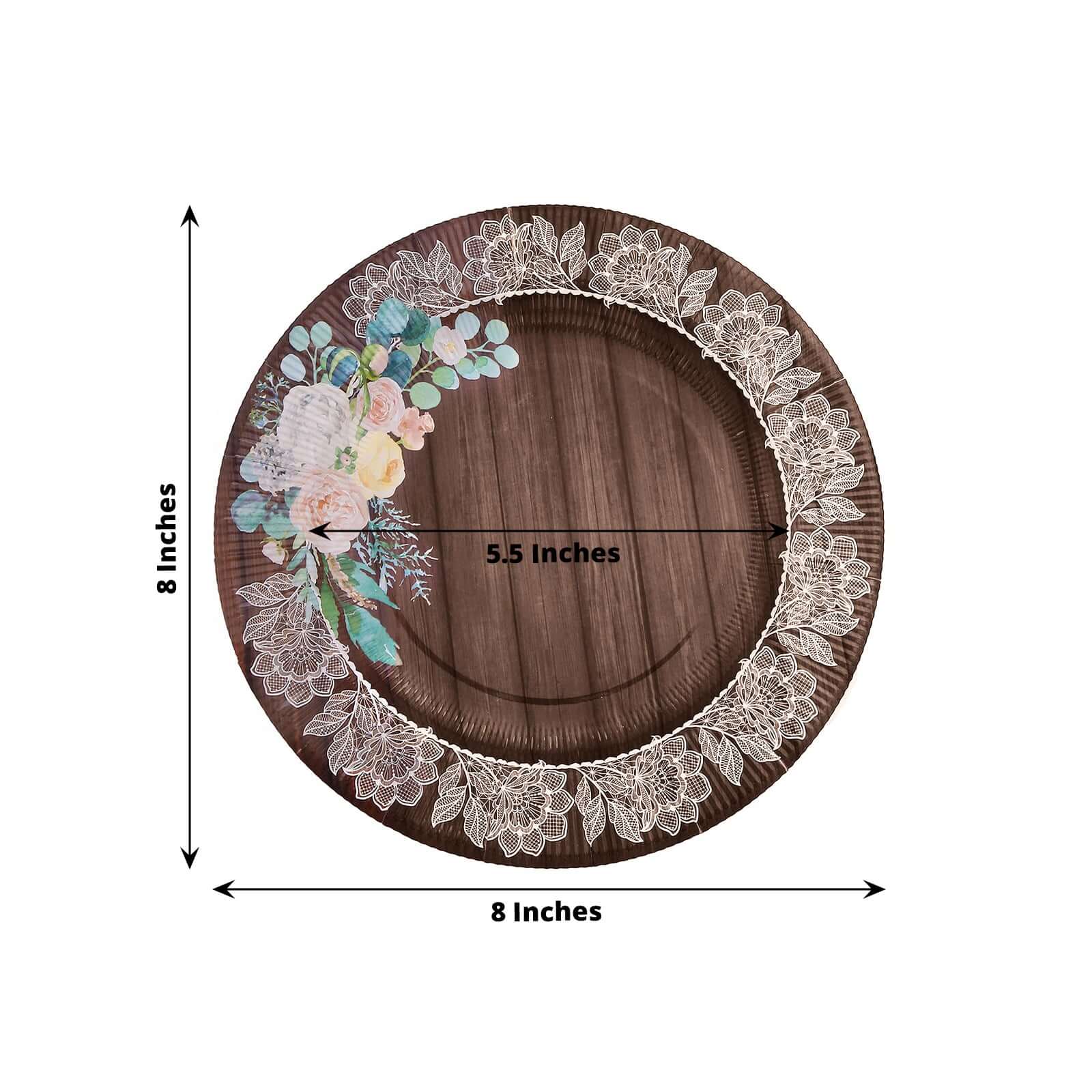 25-Piece Disposable 8-Inch Round Brown Wood Print Dessert Plates with Floral Lace Rim for Rustic Events