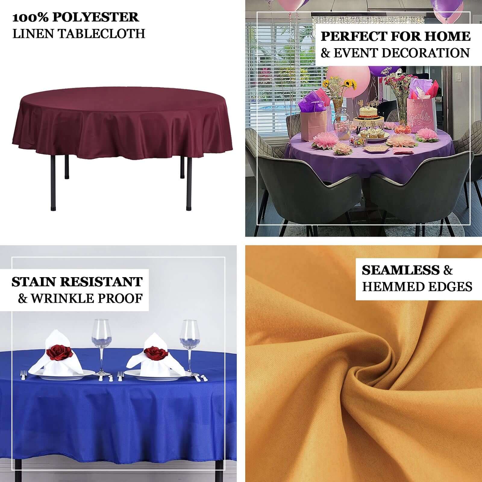 Durable & Wrinkle-Free 70-Inch Burgundy Polyester Round Tablecloth