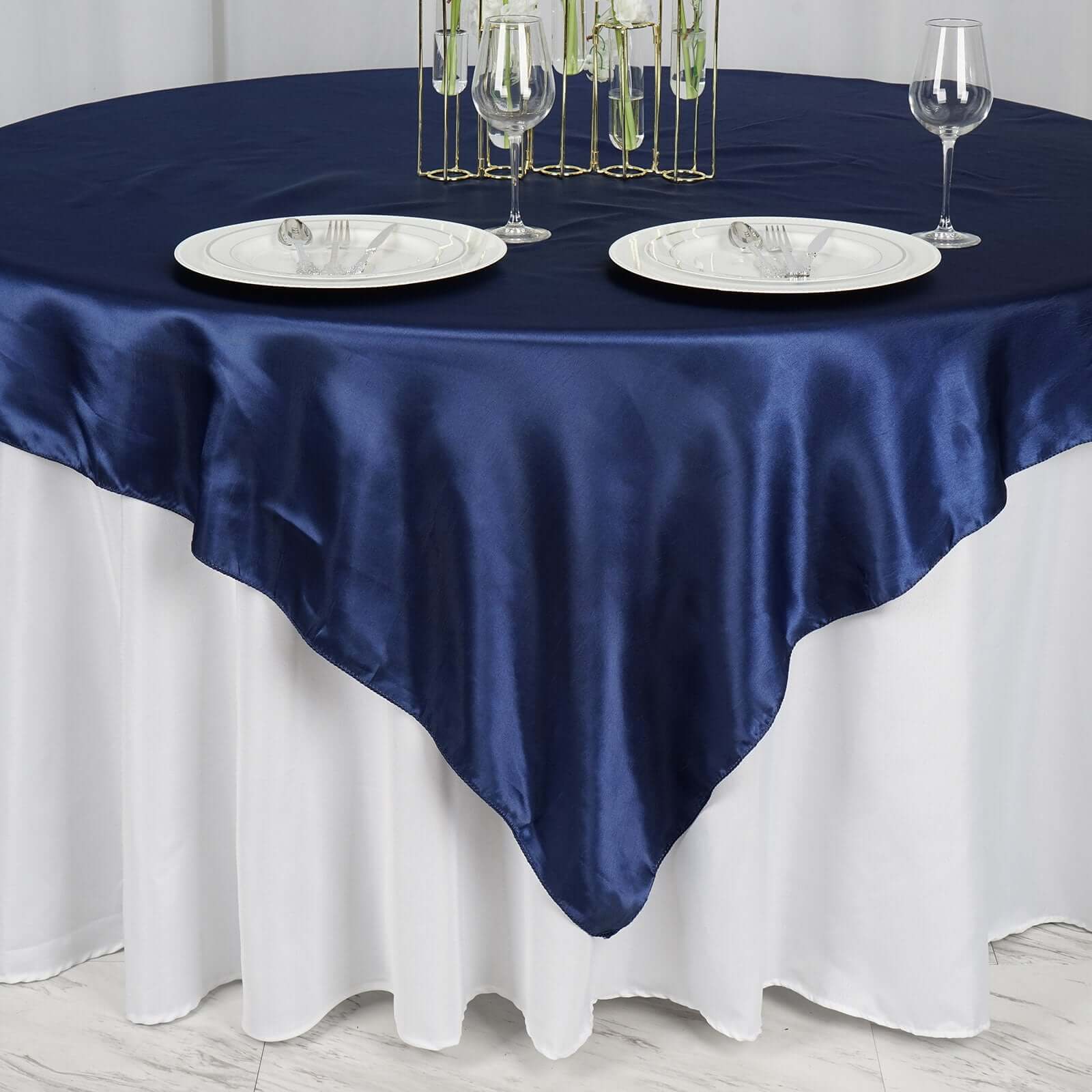 Navy Blue Satin 72x72 Square Table Overlay - Smooth Finish, Ideal for Events