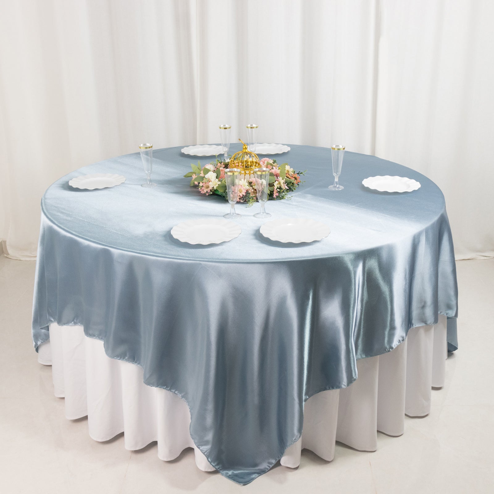 Dusty Blue Satin 90x90 Square Table Overlay with Smooth Finish