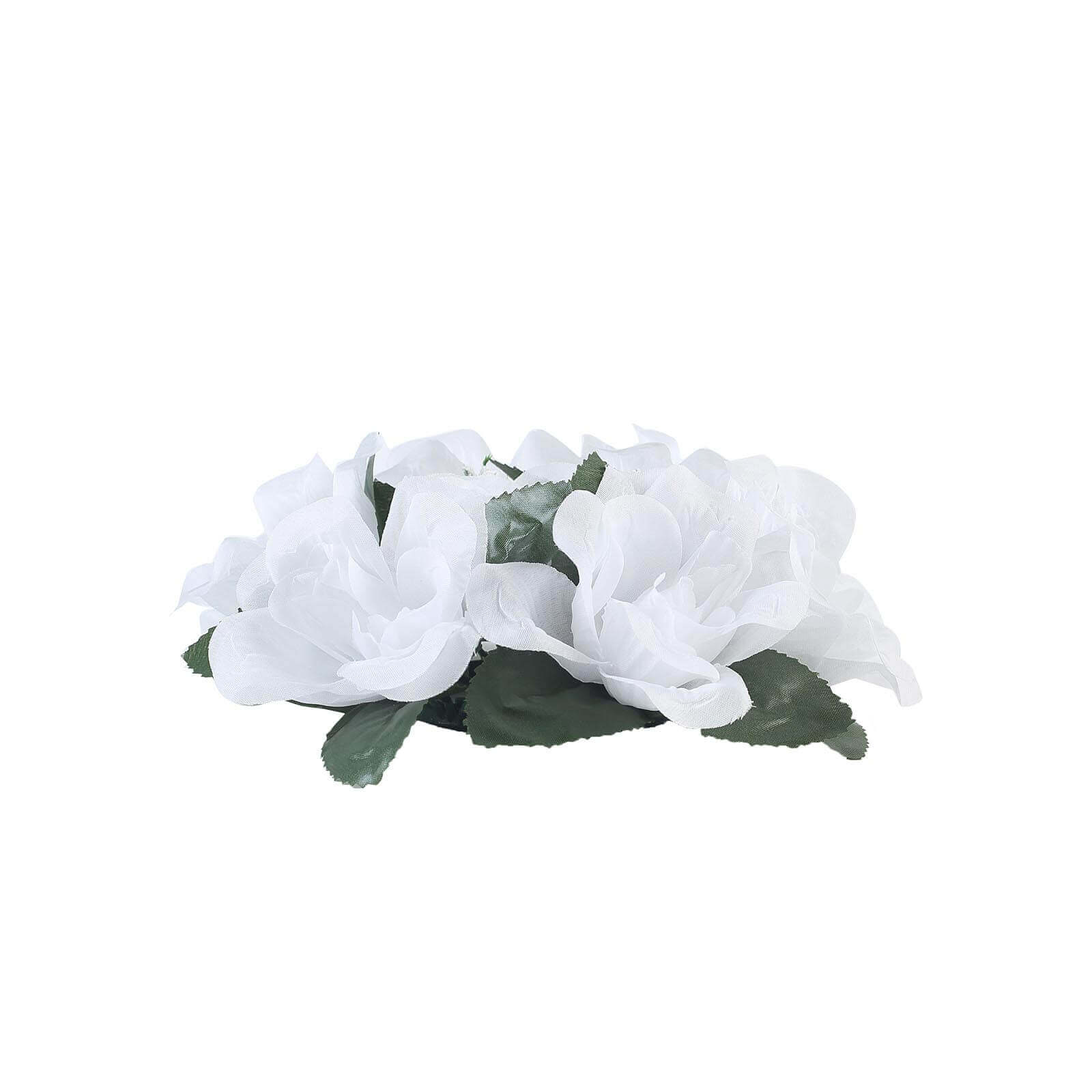 Set of 4 Artificial White Silk Rose and Baby's Breath Candle Ring Wreaths