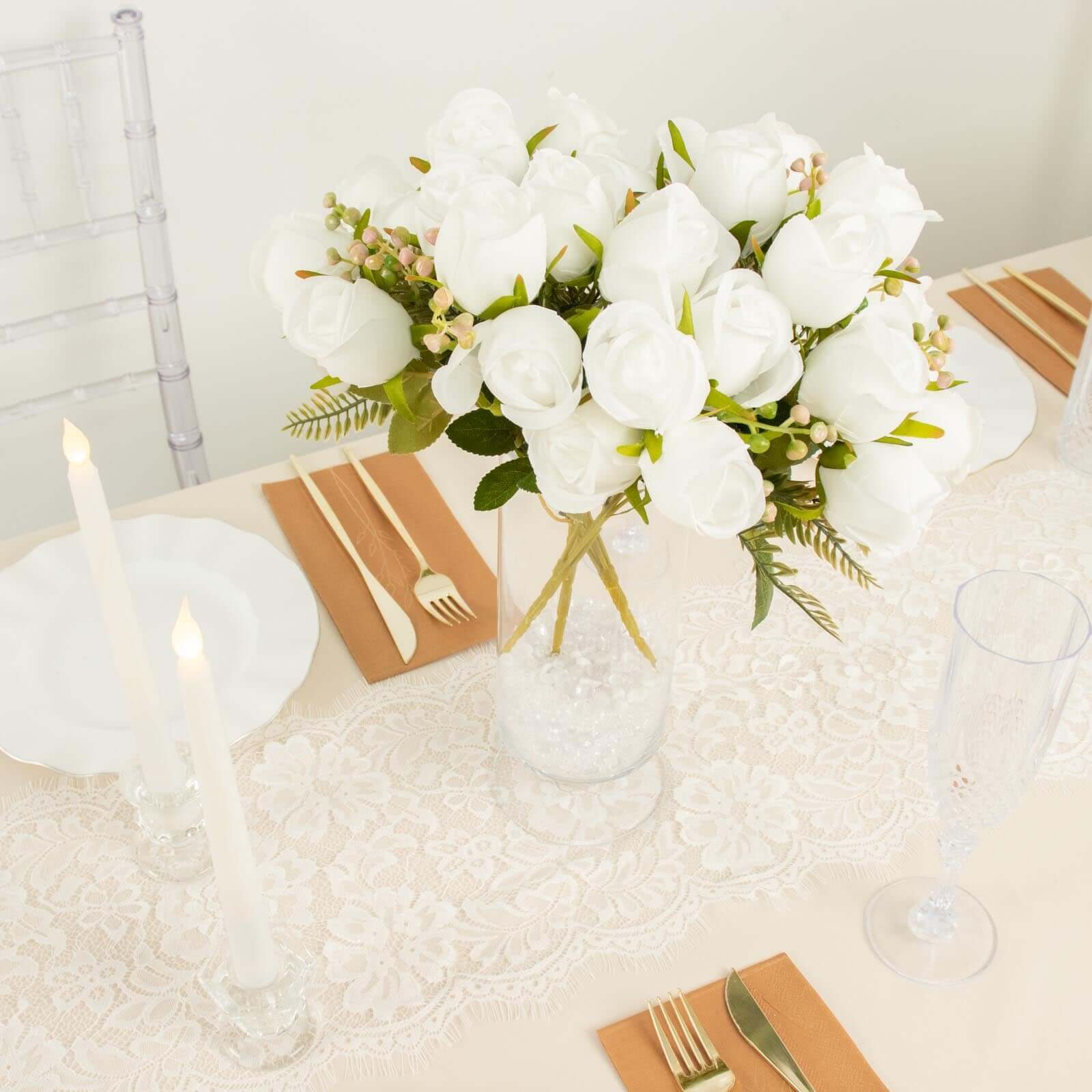 Hot Deal! 3-Pack 13" White Real-Touch Silk Rose Bud Bridal Bouquets for Decor