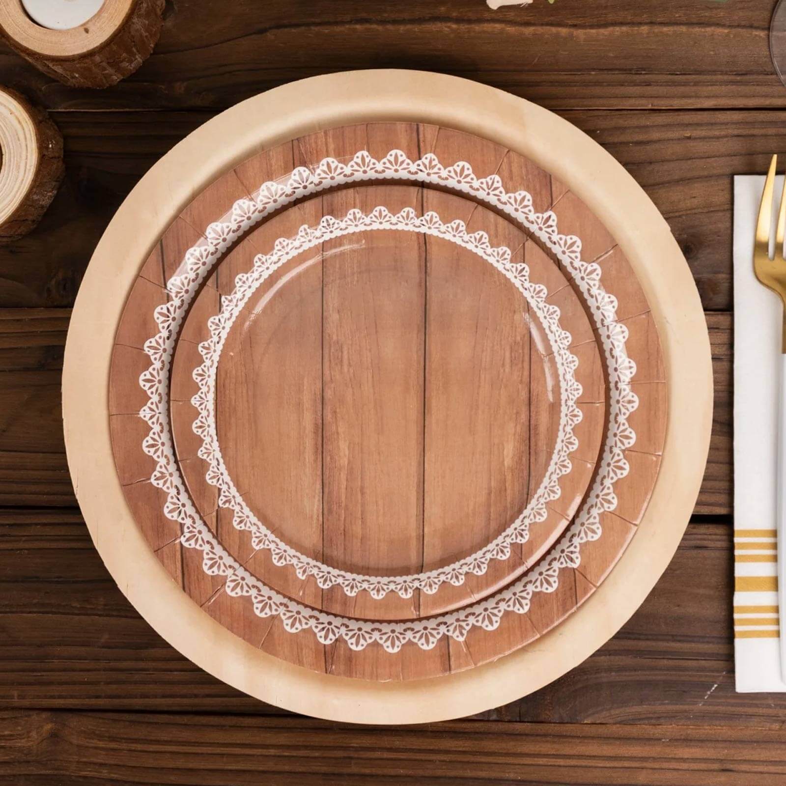 25-Pack Paper 7 Round Dessert Plates in Brown Wood Grain Print with White Floral Lace Rim - Disposable Appetizer Salad Plates for Rustic Farmhouse Style Events