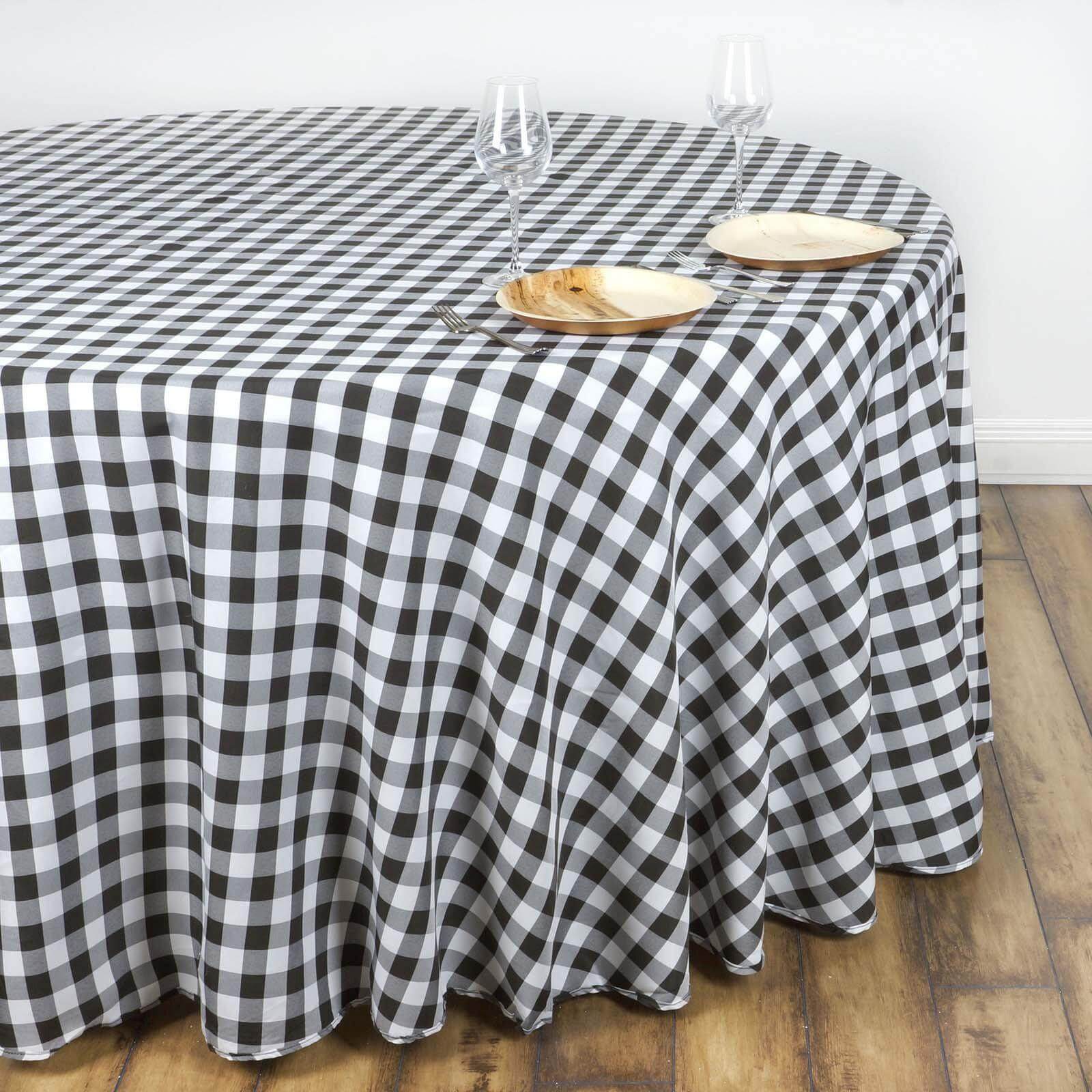 Hot! 108" Polyester Round Checkered Buffalo Plaid White/Black Tablecloth