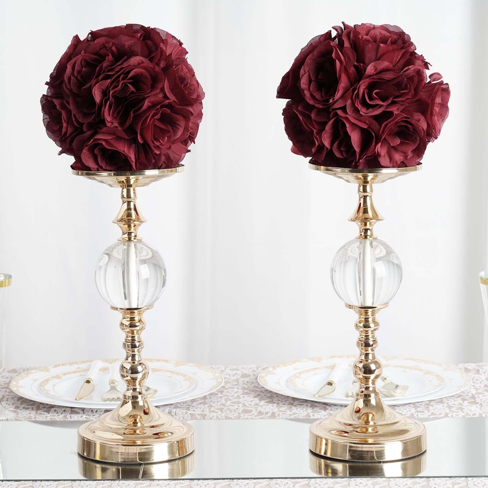 2-Pack 7" Burgundy Artificial Silk Rose Kissing Balls - Ideal for Decor