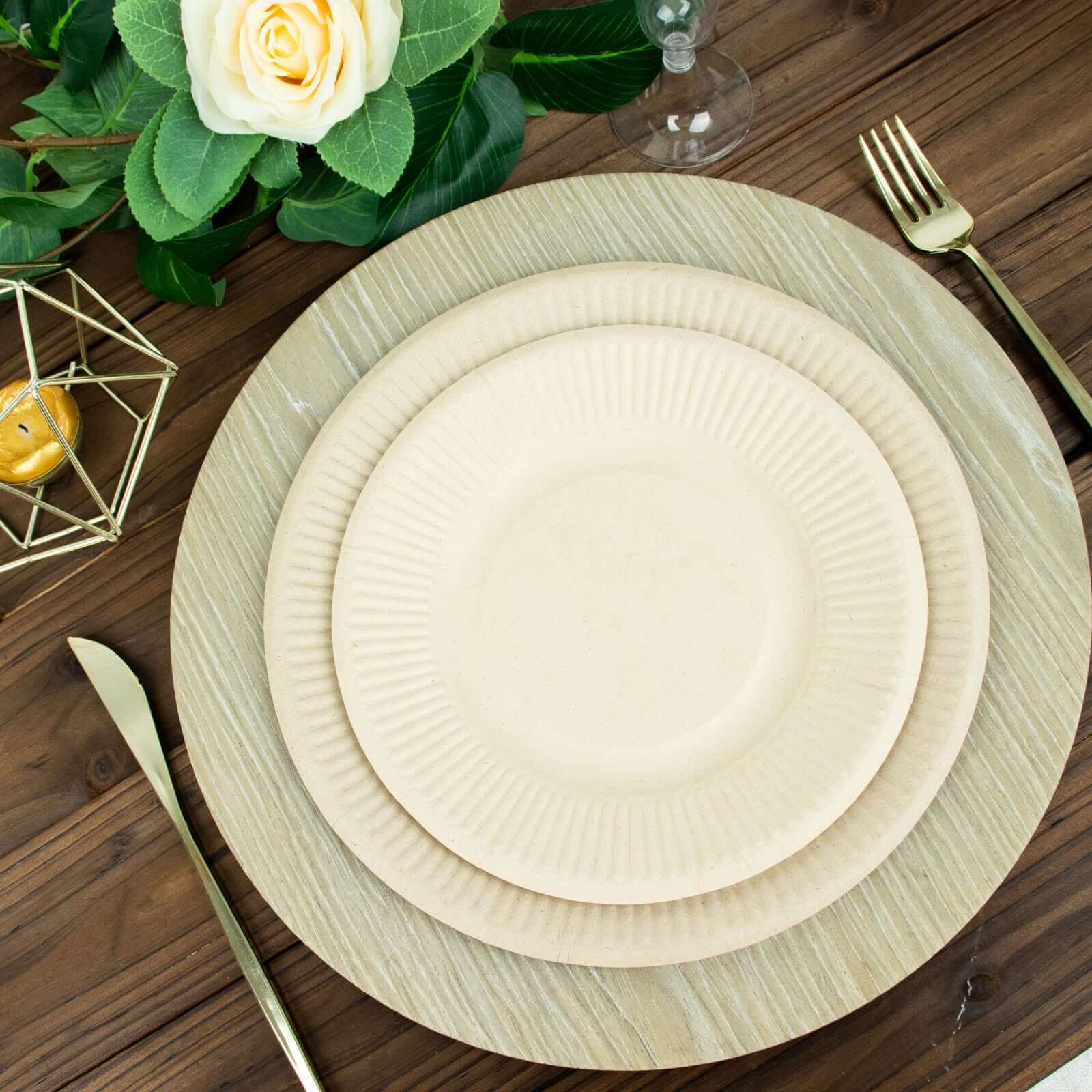 50-Piece Set of Natural 8-Inch Round Bagasse Dessert Plates with Ribbed Edge