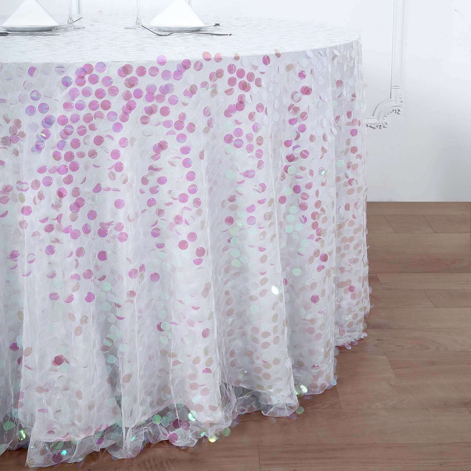 120-Inch Iridescent Seamless Big Payette Sequin Round Tablecloth for 5-Foot Tables