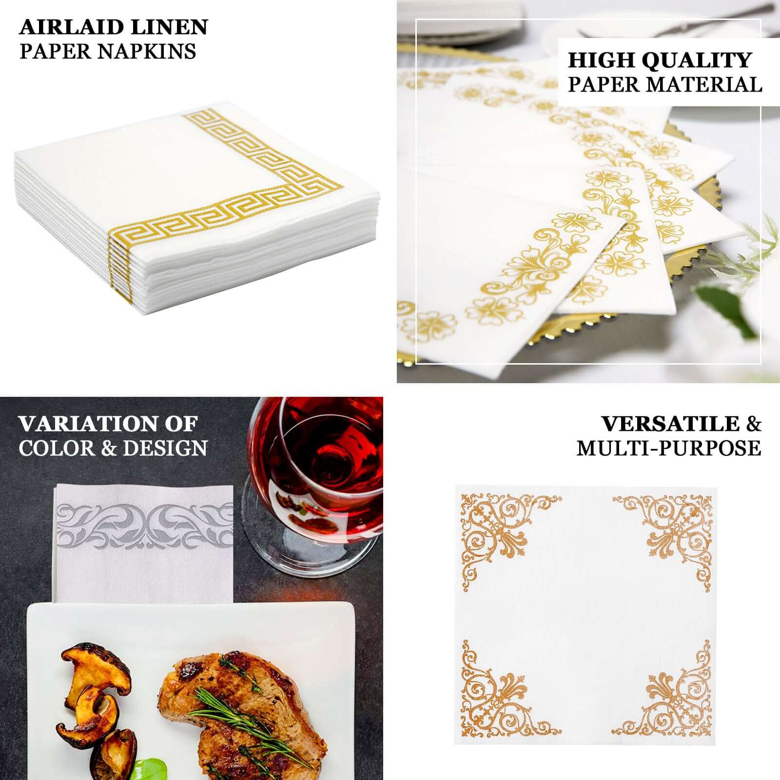 20-Pack Airlaid Party Napkins: White with Gold Scroll Floral Design - Soft & Absorbent