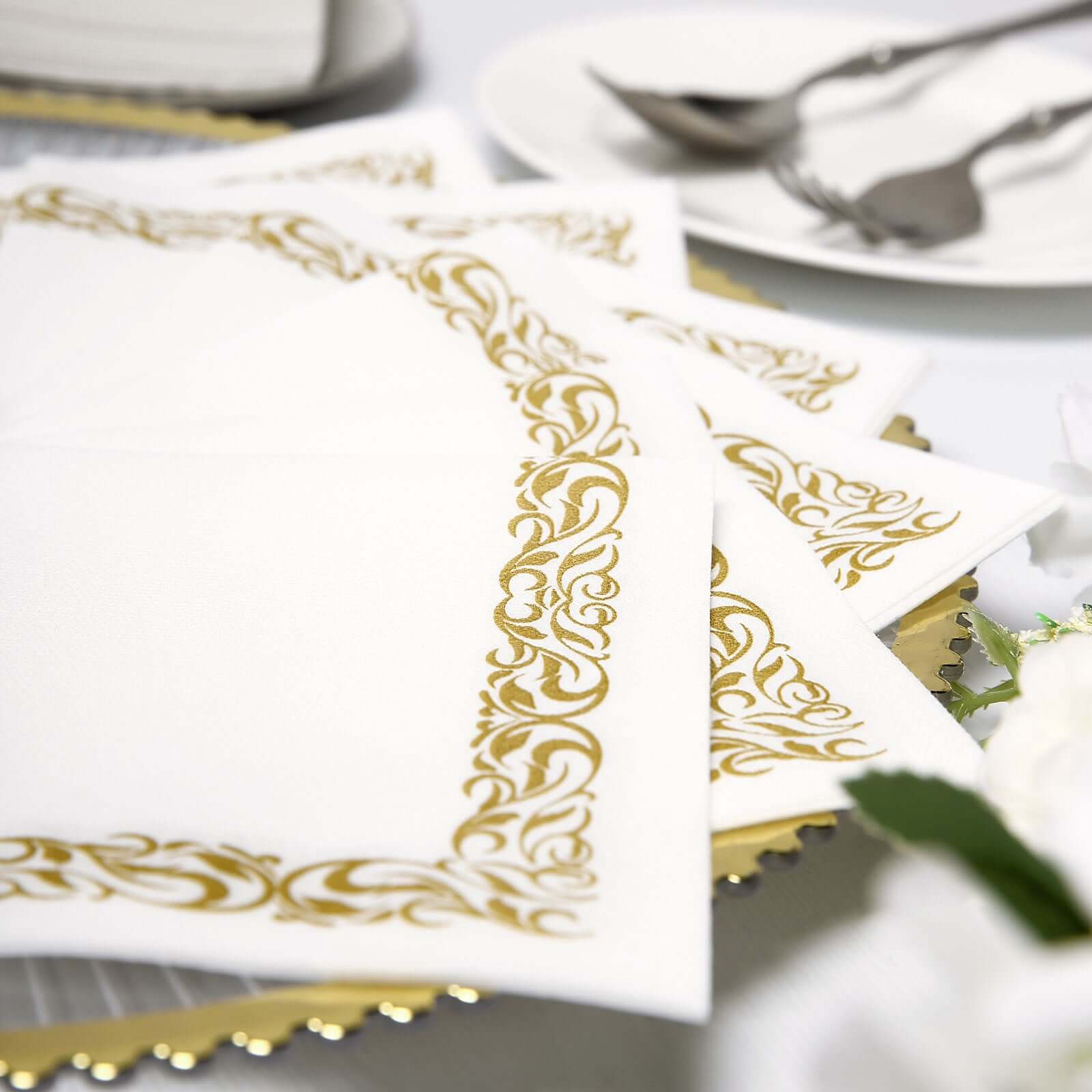 20-Pack Airlaid Party Napkins: White with Gold Scroll Floral Design - Soft & Absorbent