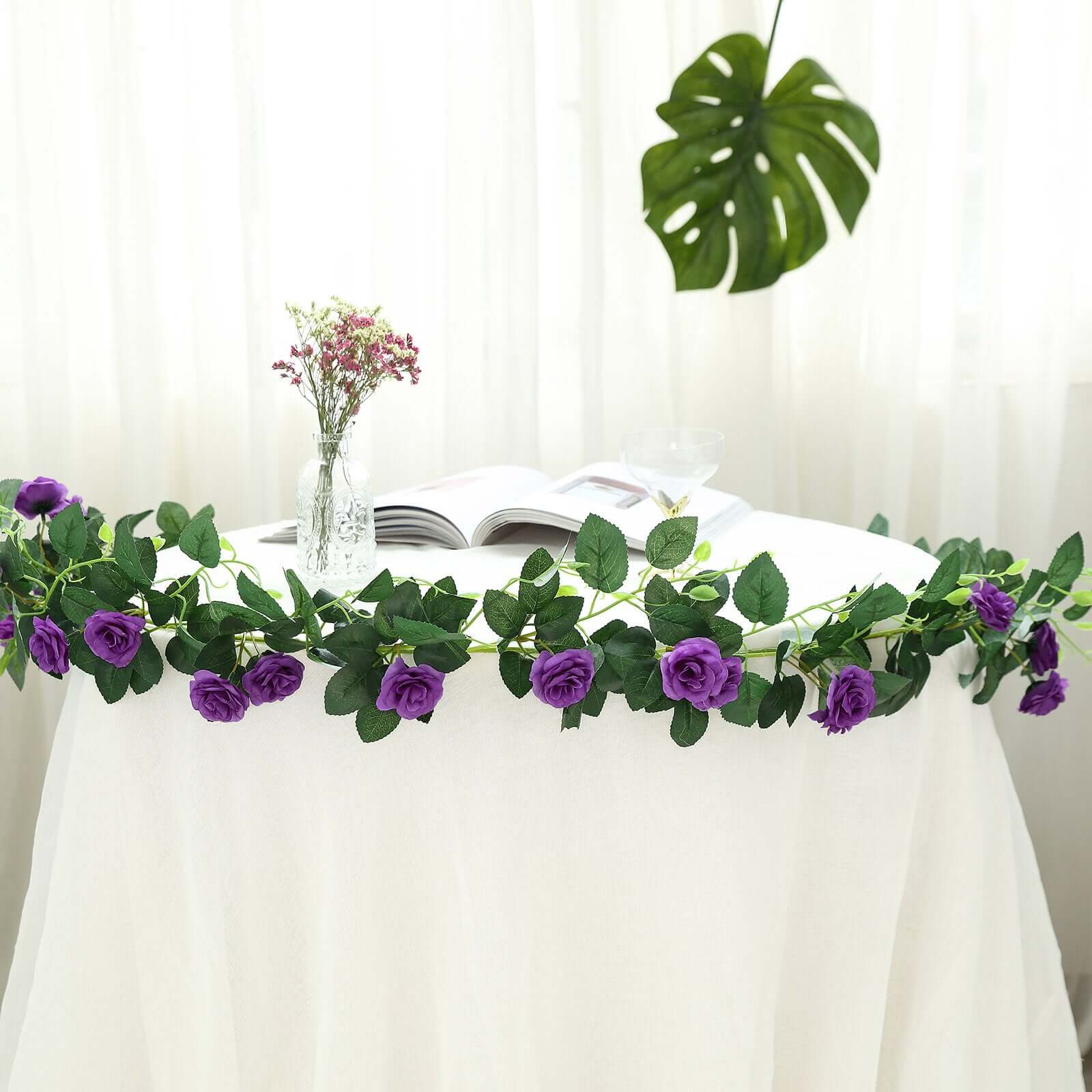 20-Piece Purple Silk Artificial Rose Garland, 6ft, Ideal for Decor