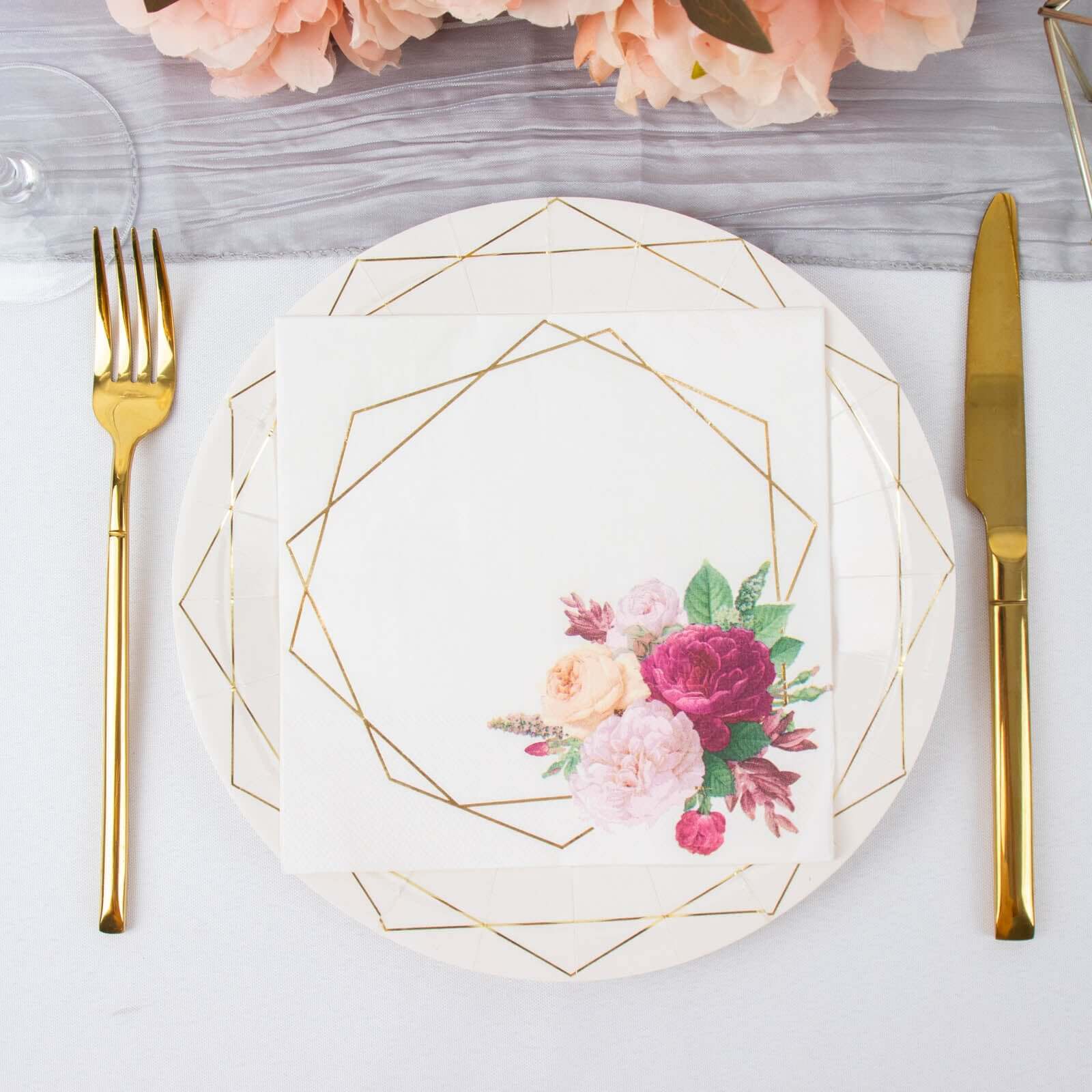 20-Pack White Paper Napkins with Gold Hexagon Frame & Floral Print - Ideal for Parties