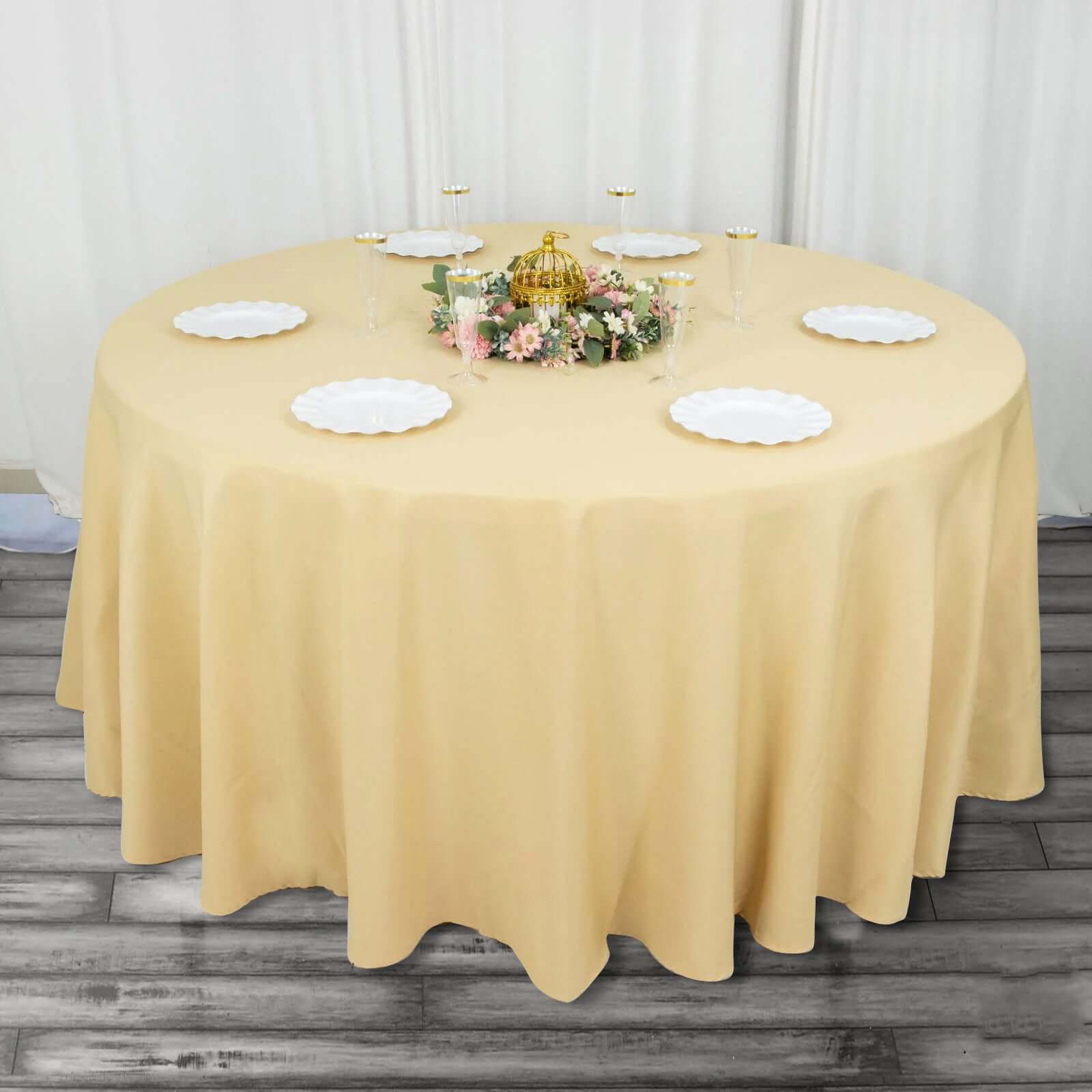 Hot! Seamless 220GSM Wrinkle-Resistant Champagne 120 Round Premium Polyester Tablecloth